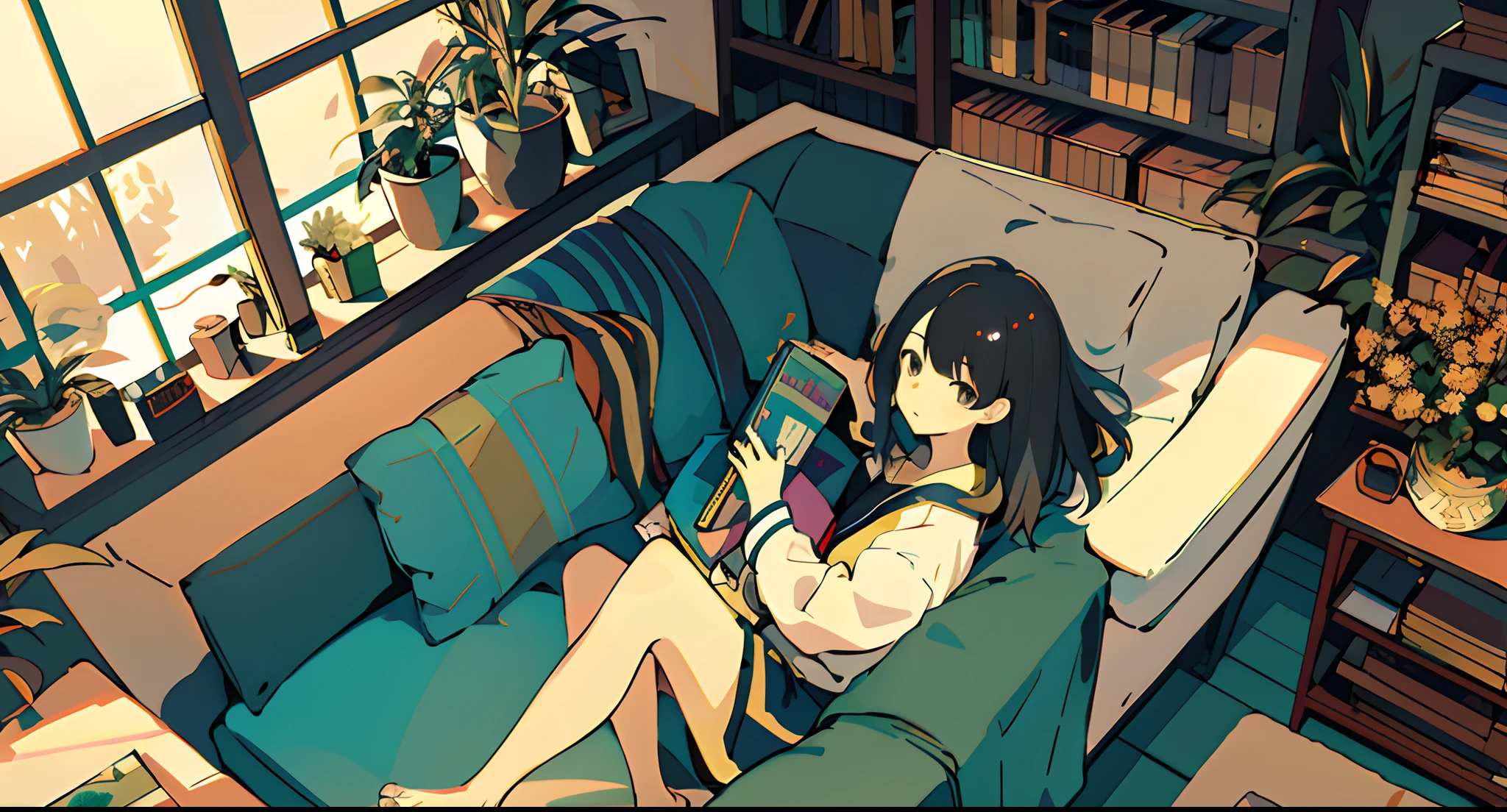 One girl, from above, plant, black hair, cat, lying down, indoors, holding, long sleeve, long hair, stuffed animal, potted plant, book, food, window, telephone, loaded interior, television, short hair, on the back, plush toy, bangs, slippers, barefoot, sitting, bookcase, shelf, cable, computer