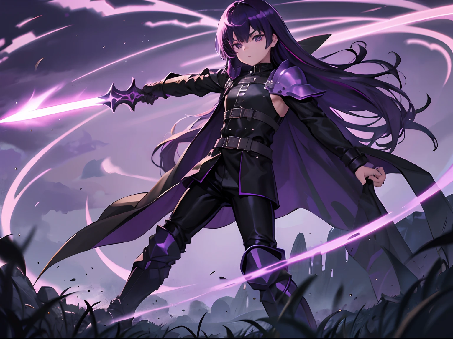 daytime, grass plains, 1boy, long purple hair, Deep purple eyes, wielding magic sword, wearing metal shoulder brace, Dark trench coat, dark tunic, dark short pants, dark leggings, metal shin guards, metal boots, high res, ultrasharp, 8K, masterpiece