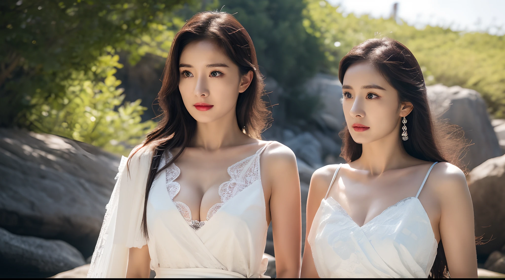 Realiy,8K,超高分辨率,Front light,rays of sunshine,suns,photographed,(the sea,sandbeach,visitor,Iot,sea shell,Kayaking,baiyun),cotton candy, Female celebrities,long whitr hair,(shift dresses:1.2),无袖,Hair_decorations, (Solo,solo person:1.4), Lace long gloves,jewelry,sash, Looking_at_peeping at the viewer, Bigchest,tight-fitting,(A half body,中景 the scene is),Face lighting,cropped shoulders,cleavage