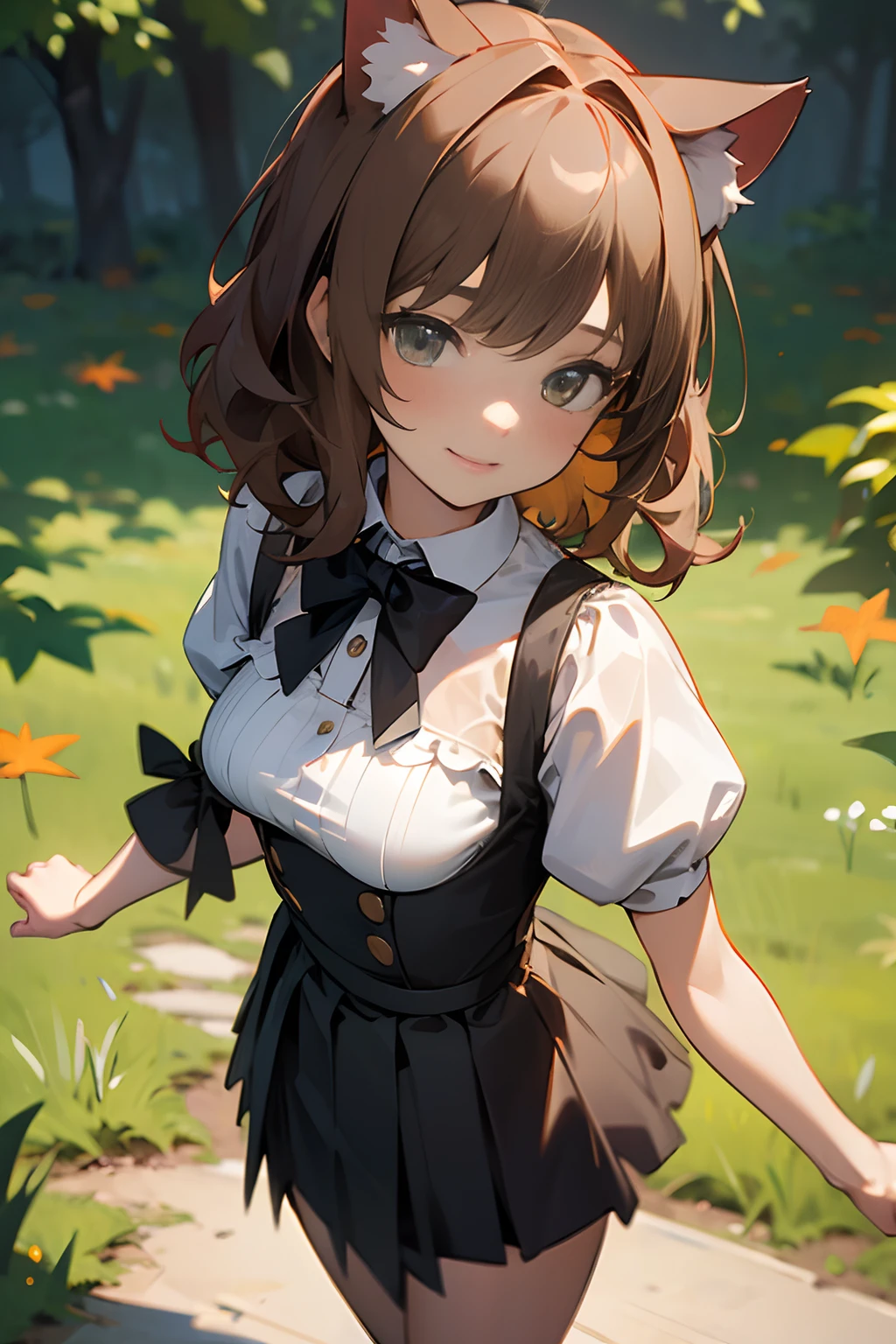 ((Masterpiece)), (High Definition:1.3), (Professional Photography:1.2), best quality, 8K, Textured skin, cinematic lighting, 1girl, from above, wide-shot, (Cute innocent age girl), slendar body and small tits, very messy medium hair, (Wearing tulle-skirt), blush and smile, exposed tits, cat ears, pale brown hair, innocent posing in the garden, autumn day