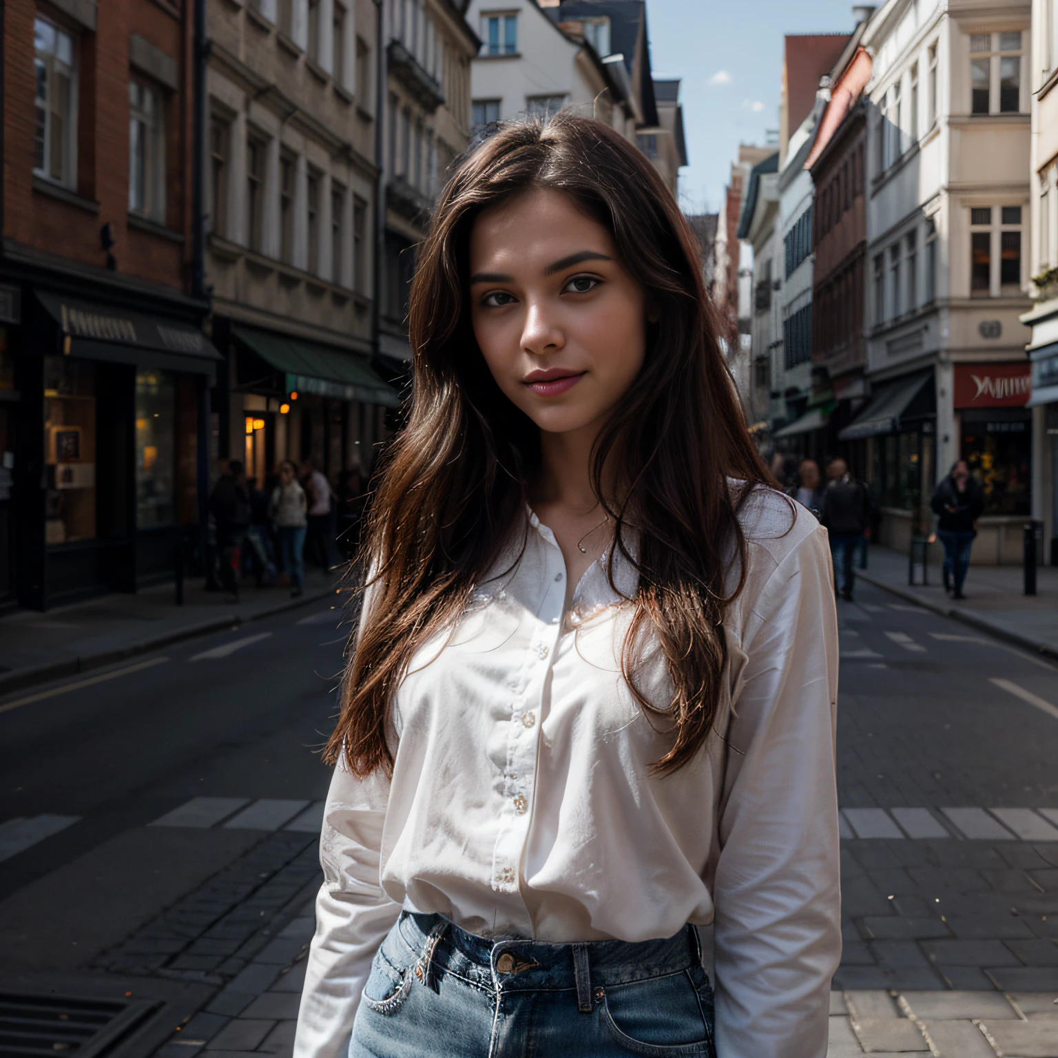 Hochwertiges Rendering einer niedlichen 24 years old.Tina Douthit, mittellanges braunes haar, Detaillierte symmetrische haselnussbraune Augen, Selbstbewusst aussehen, entspannt, Sorrisos, with a hint of superiority, White blouse, blaue jeans, in der stadt, Atemberaubendes realistisches Foto, 3D-Rendering, Aufwendig detailliert, filmisch, Zentriertes hyperrealistisches Titelbild