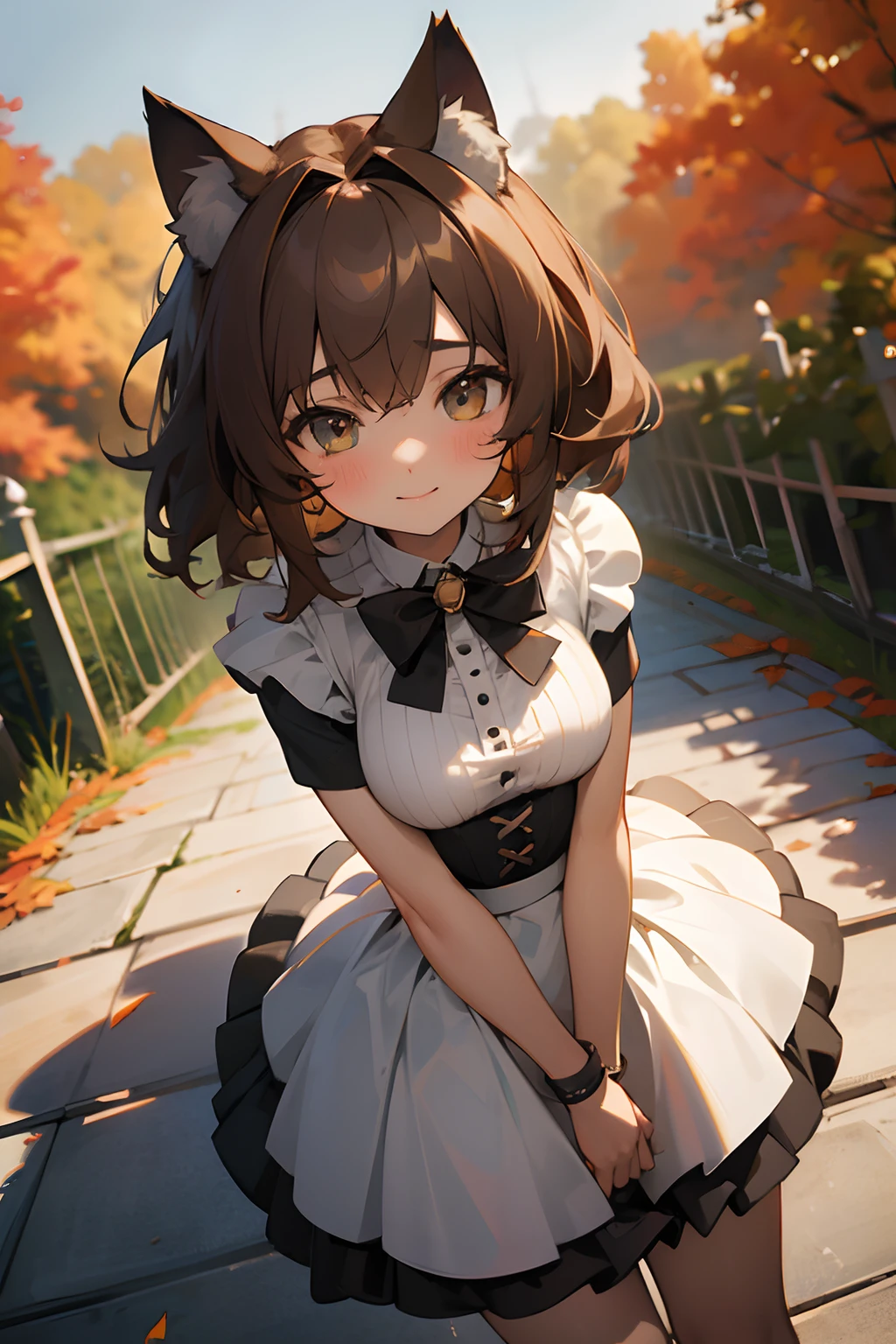 ((Masterpiece)), (High Definition:1.3), (Professional Photography:1.2), best quality, 8K, Textured skin, cinematic lighting, 1girl, from above, wide-shot, (Cute innocent teenage girl), slendar body and small tits, very messy medium hair, (Wearing tulle-skirt), blush and smile, exposed tits, cat ears, pale brown hair, innocent posing in the garden, autumn day