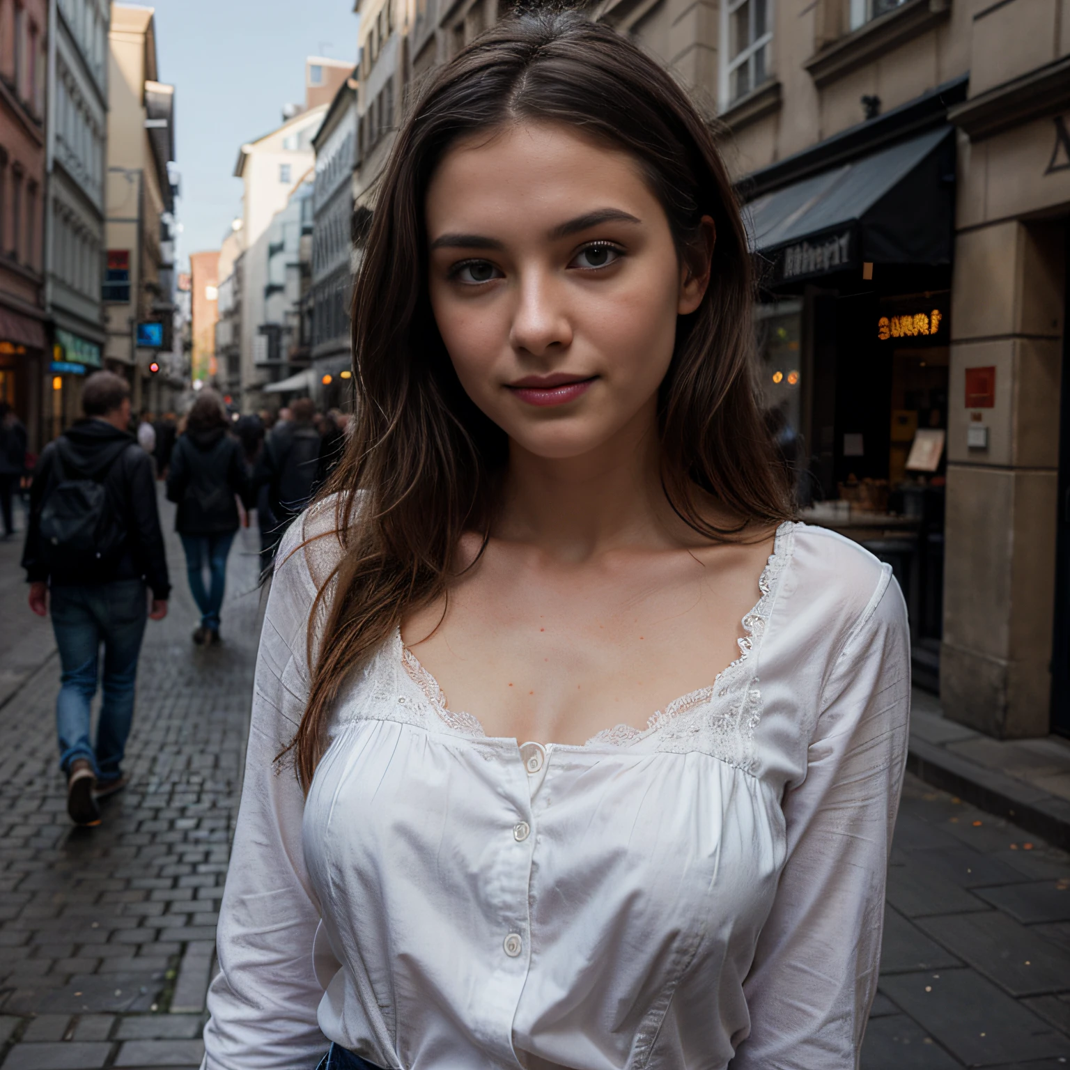 Hochwertiges Rendering einer niedlichen 24 years old.Tina Douthit, mittellanges braunes haar, Detaillierte symmetrische haselnussbraune Augen, Selbstbewusst aussehen, entspannt, Sorrisos, with a hint of superiority, White blouse, blaue jeans, in der stadt, Atemberaubendes realistisches Foto, 3D-Rendering, Aufwendig detailliert, filmisch, Zentriertes hyperrealistisches Titelbild