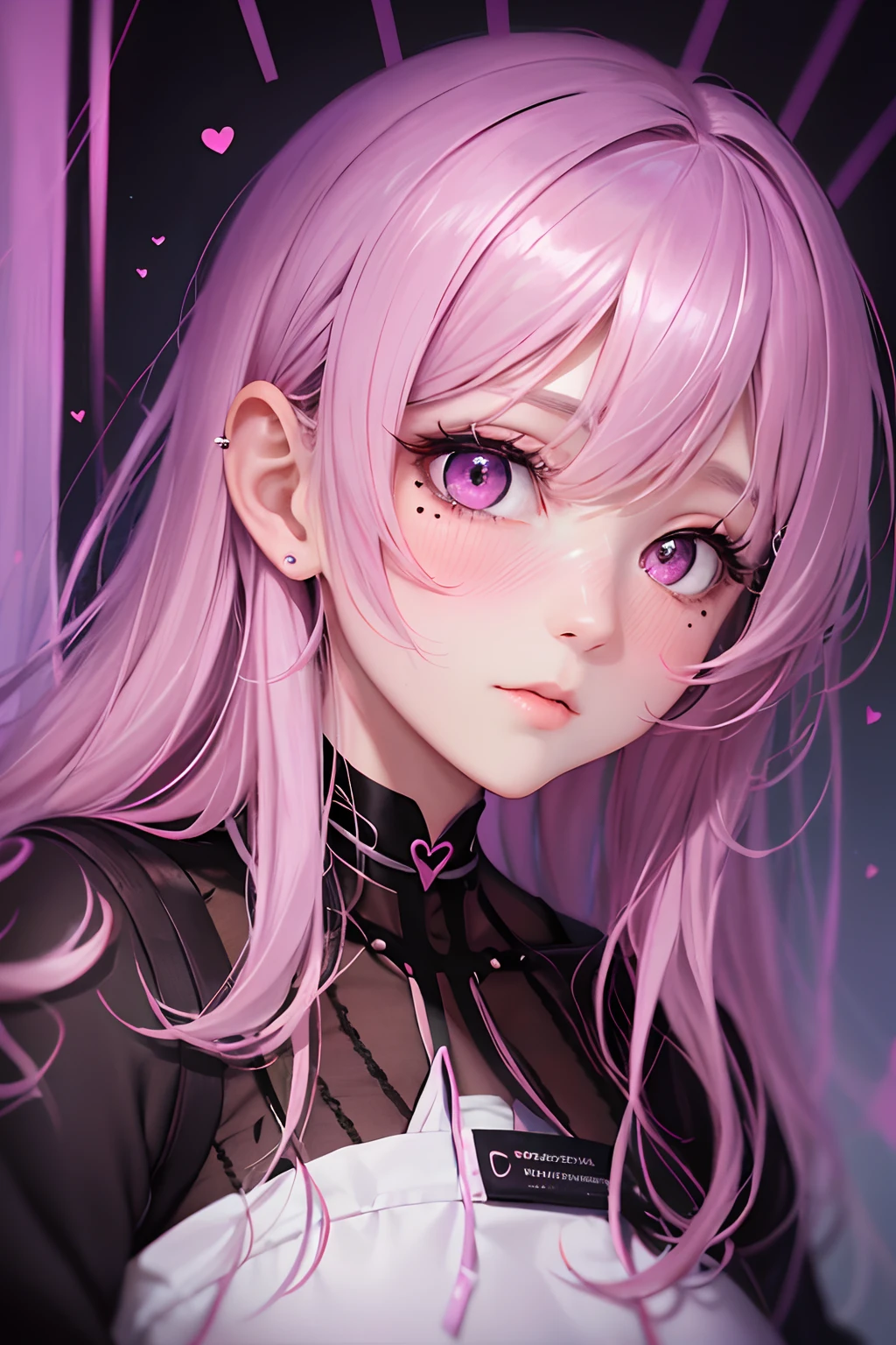 striated hair,Pink twin-tailed hair, Mole under the eyes, mole under mouth, Heart-shaped pupil, longeyelashes, Pink eyes, Heart-shaped choker、full body Esbian、gazing at viewer、Shy, blush, nose blush,Anime style, Color Field Painting, Ray tracing, bloom, One-person viewpoint, nffsw, awardwinning, 16 K, Best Quality, high details, High quality, masutepiece, hight resolution, ccurate, Super Detail、Will