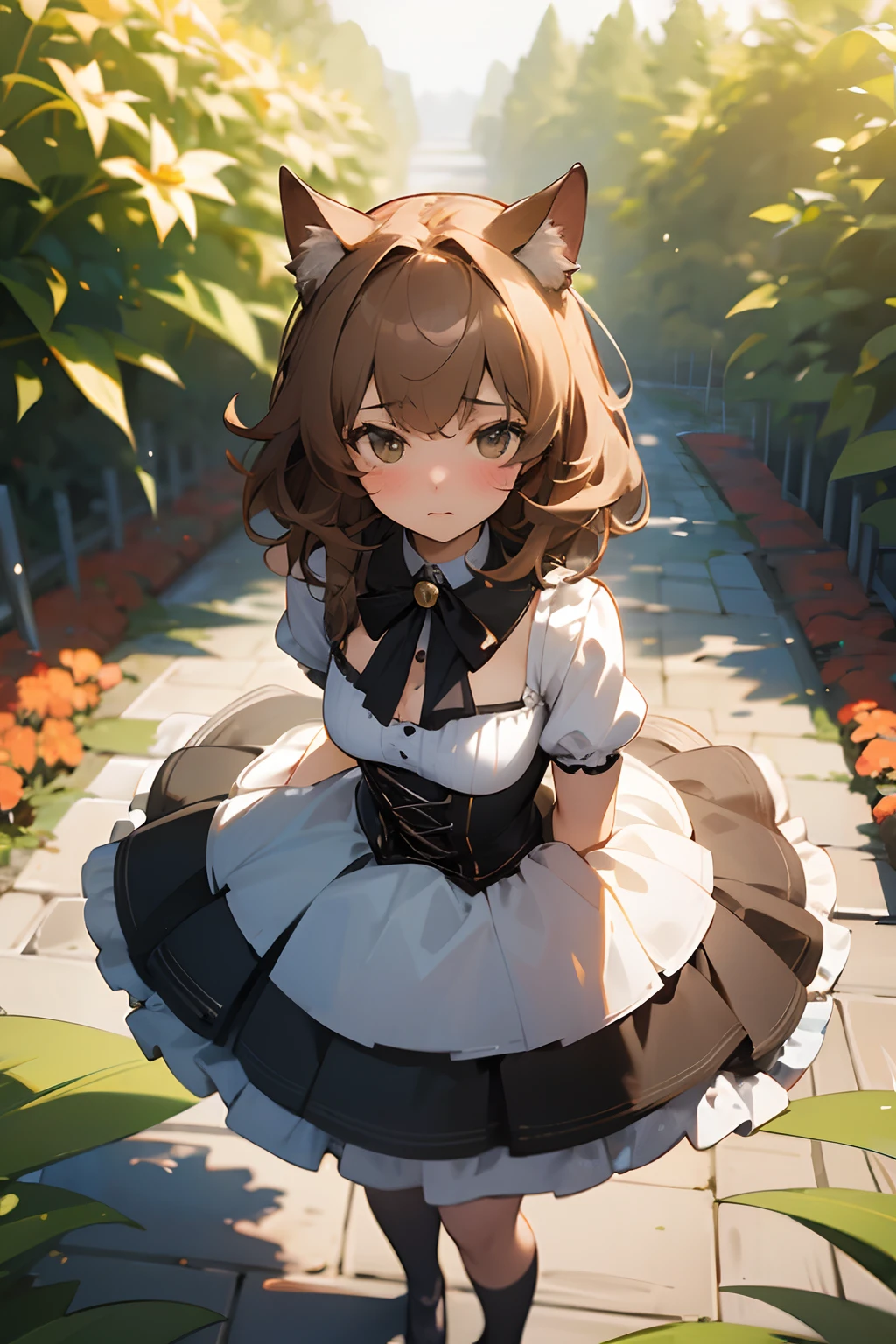 ((Masterpiece)), (High Definition:1.3), (Professional Photography:1.2), best quality, 8K, Textured skin, cinematic lighting, 1girl, from above, wide-shot, (Cute innocent teenage girl), slendar body and small tits, very messy medium hair, (Wearing tulle-skirt), blush and sad, (undressed tits), cat ears, pale brown hair, innocent posing in the garden, autumn day