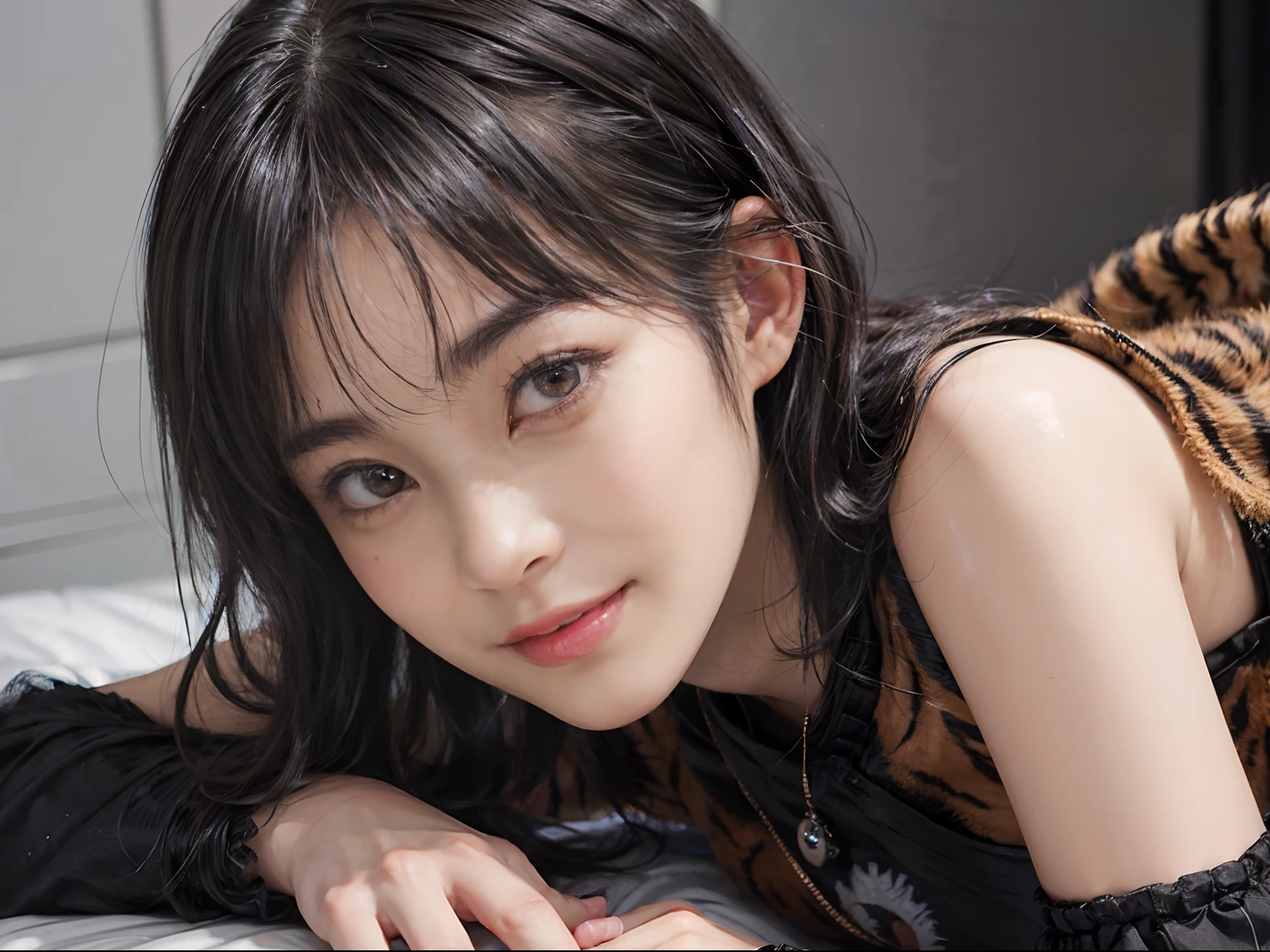 03
(Black Shorthair:1.3), (a 20 yo woman), (A hyper-realistic), (masutepiece), (8KUHD), Looking at the camera, Beautiful woman, A smile, (Tiger Design Clothing)