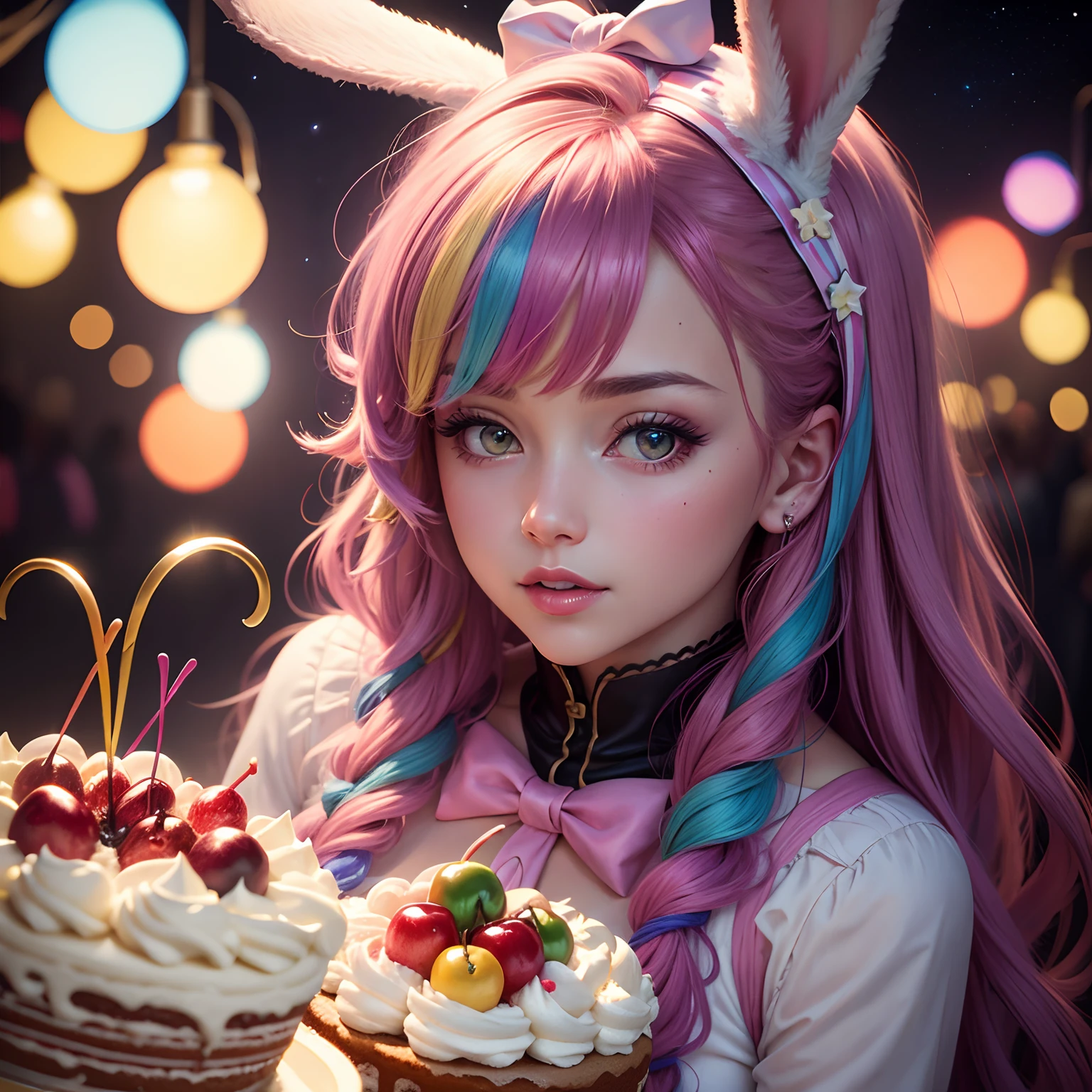 Colorful lights　photo realistic woman　a cake　colorful galaxy　Colorful cream　Colorful rabbit　bow ribbon　Cherries