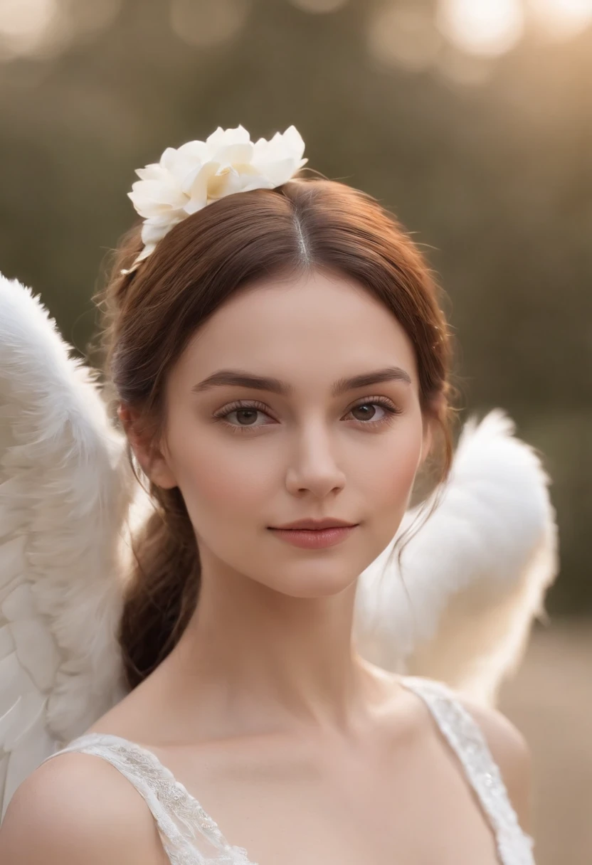 It looks like a man，It's an angel，white scrunchie，Looks twenty or thirty years old，tall nose bridge，Caucasian looks，But the eyebrows are not very thick，The expression smiled，Wears a white tunic trimmed with gold，On the back there is a pair of tucked wings