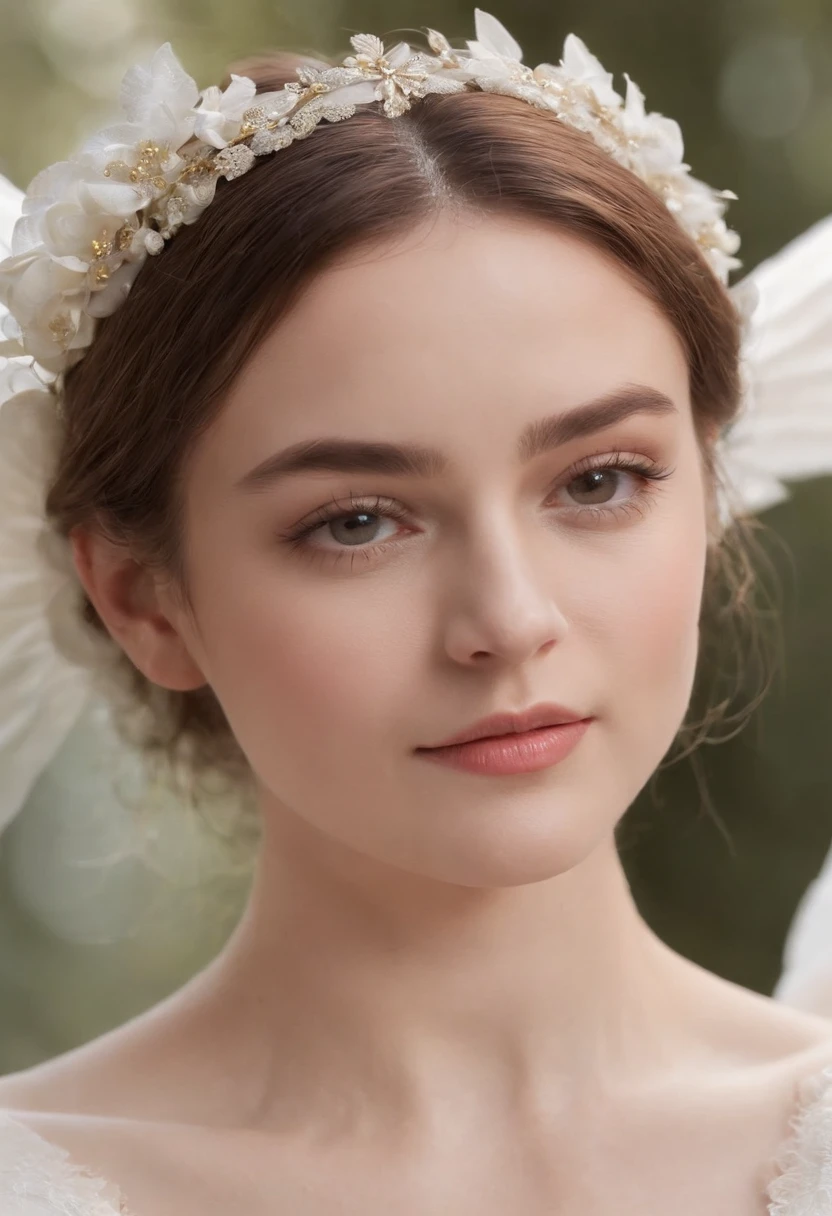 It looks like a man,It's an angel,white scrunchie,Looks twenty or thirty years old,tall nose bridge,Caucasian looks,But the eyebrows are not very thick,The expression smiled,Wears a white tunic trimmed with gold,On the back there is a pair of tucked wings