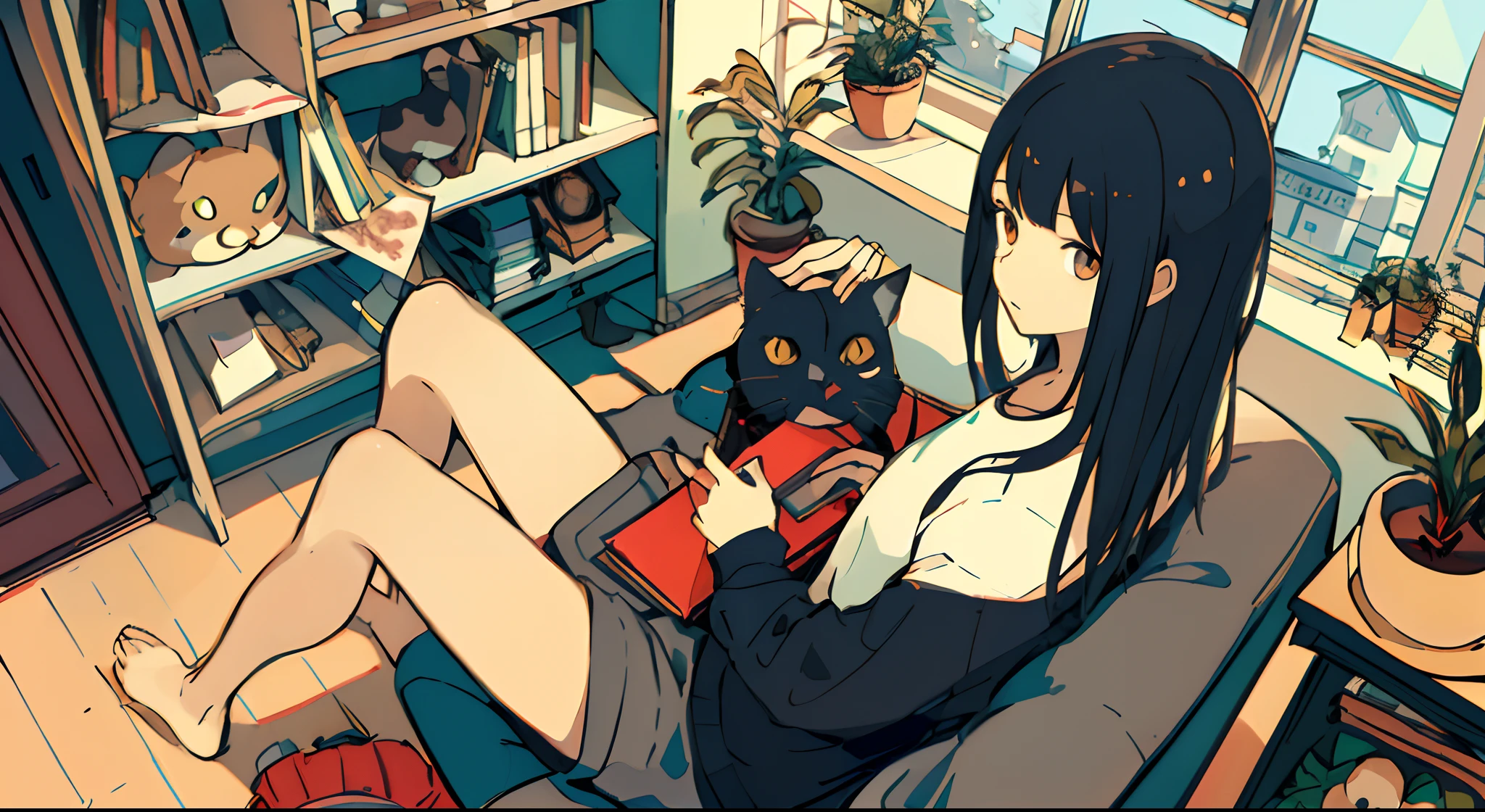 a girls, from above, plant, black hair, cat, lying, indoors, holding, long sleeves, long hair, stuffed toy, potted plant, book, food, window, phone, loaded interior, television, short hair, on back, stuffed animal, bangs, slippers, barefoot, sitting, bookshelf, shelf, cable, computer