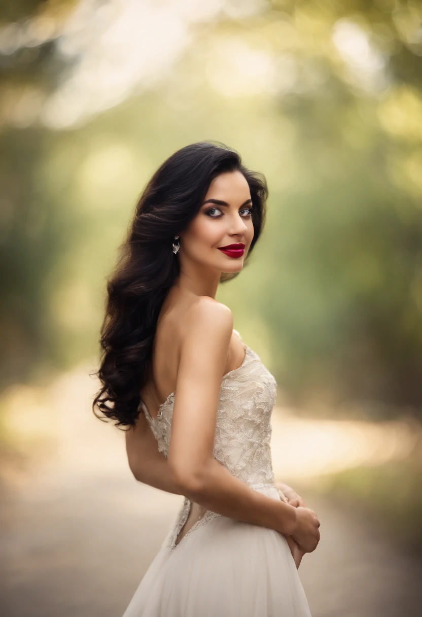 beautiful young skinny woman wavy black hair half way down her back big red lips a lovely smile fair skin green eyes wearing a white dress