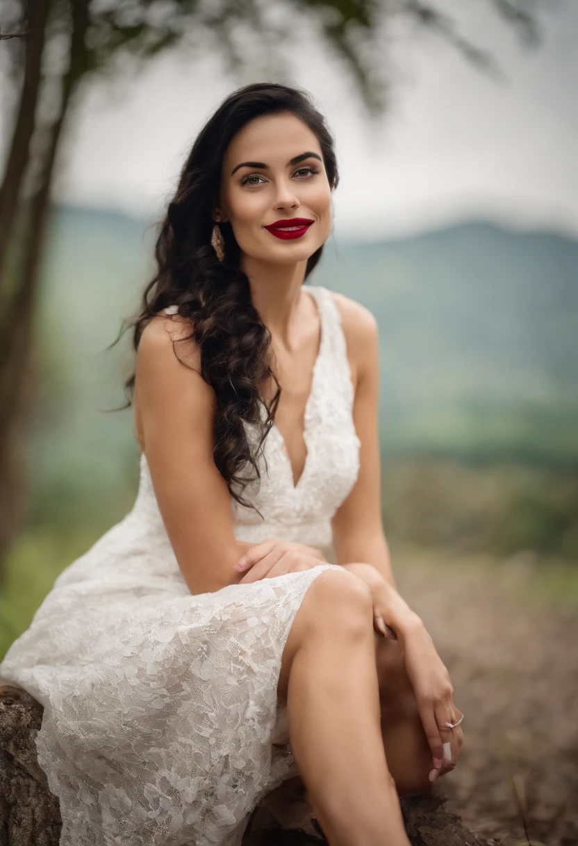 beautiful young skinny woman wavy black hair half way down her back big red lips a lovely smile fair skin green eyes wearing a white dress
