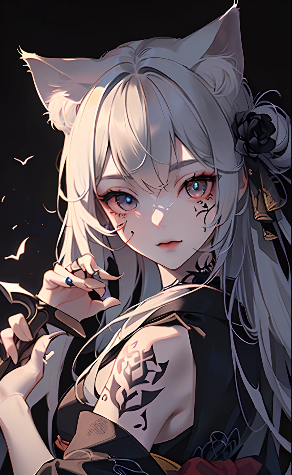 (Photorealsitic:1.3), masterpiece, top-quality, (intricate detailes:1.2), (landscapes:1.3), beautiful countenance, (Black theme:1.3),
(((1girl in、Girl in a patterned kimono holding a dagger in her hand、(Take a look at Veiwer:1.3)、(face tattoos:1.2)、cat ear、
)))、full bodyesbian