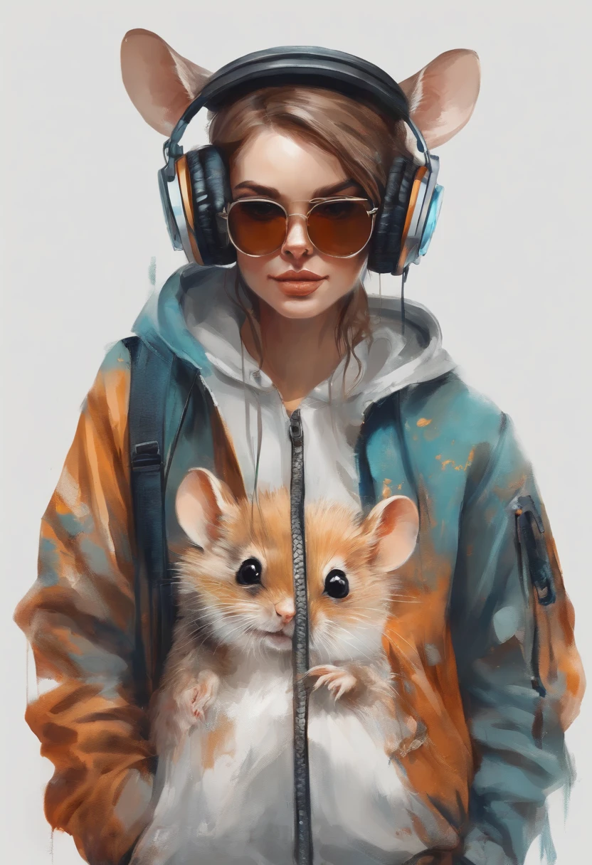 Perfect centering, Cute mouse, Wear a student team jacket, Wearing sunglasses, Wearing headphones, cheerfulness, Standing position, Abstract beauty, Centered, Looking at the camera, Facing the camera, nearing perfection, Dynamic, Highly detailed, smooth, Sharp focus, 8K, high definition resolution, illustration, Art by Carne Griffiths and Wadim Kashin, White background