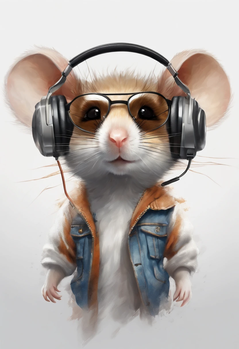Perfect centering, Cute mouse, Wear a student team jacket, Wearing sunglasses, Wearing headphones, cheerfulness, Standing position, Abstract beauty, Centered, Looking at the camera, Facing the camera, nearing perfection, Dynamic, Highly detailed, smooth, Sharp focus, 8K, high definition resolution, illustration, Art by Carne Griffiths and Wadim Kashin, White background