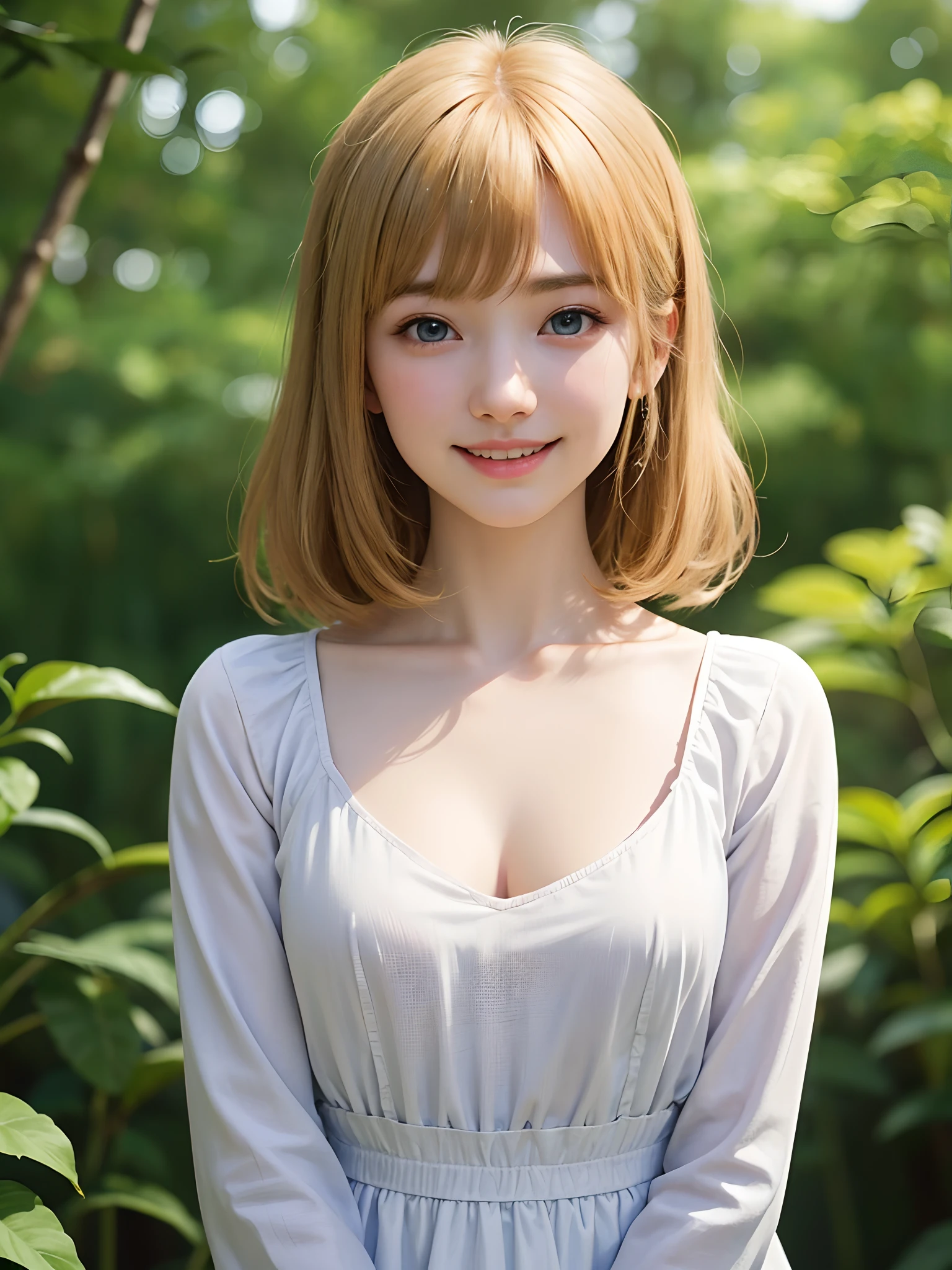 (masuter piece、Best Quality、masutepiece、Cute symmetrical face、Norse man、Beautiful blonde hair with bangs、Very small cute girl:1.6、One Very Young Girl、Very young pretty girl、Very young pretty girl、Very small cute girl、Deities々Shii Girl、Very young face、Symmetrical and very cute face、Show off your décolleté)、Beautiful shiny beautiful blonde hair with bangs、Very Shorthair:1.2、Intense crystal light blue eyes、no earrings:1.5、Beautiful white skin、a five years girl:1.4、Very young pretty girl:1.5、Deities々Little pretty girl、Cute white outfit、Very cute girl、happily laughing、Smile happily、The best smile、Beautiful teeth、Beautiful teeth alignment、Beautiful skins、Staring into the distance on the left、Forest with light on beautiful nature background、Deities々Deep forest background、cowboy  shot