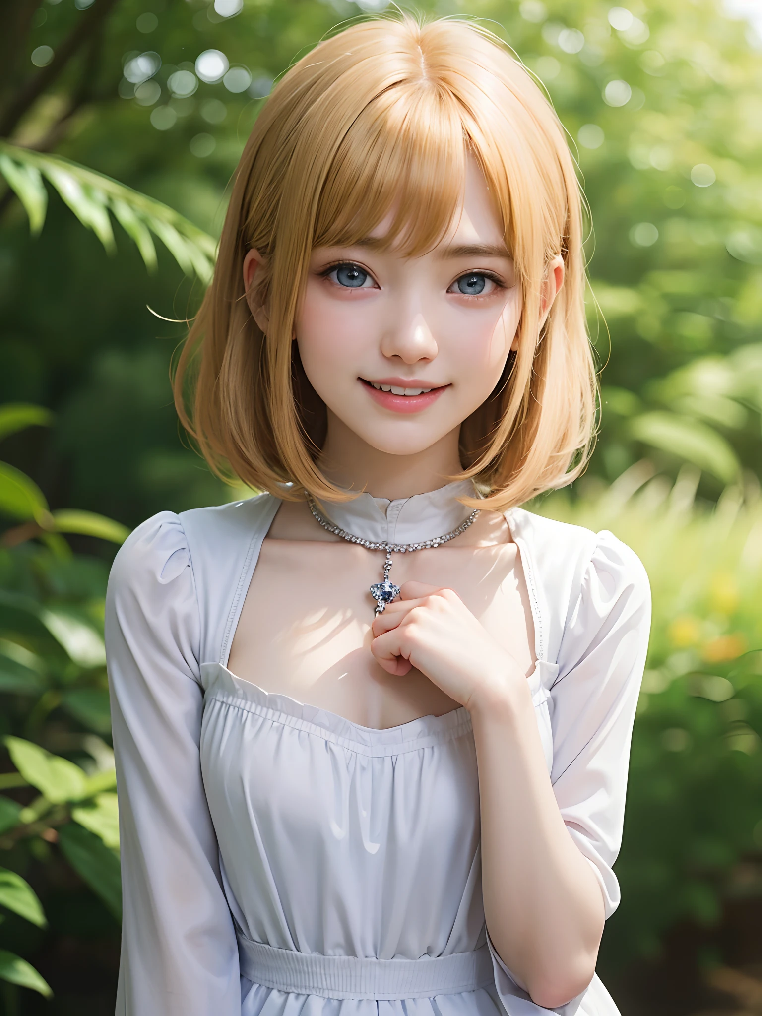 (masuter piece、Best Quality、masutepiece、Cute symmetrical face、Norse man、Beautiful blonde hair with bangs、Very small cute girl:1.6、One Very Young Girl、Very young pretty girl、Very young pretty girl、Very small cute girl、Deities々Shii Girl、Very young face、Symmetrical and very cute face、Show off your décolleté)、Beautiful shiny beautiful blonde hair with bangs、Very Shorthair:1.2、Intense crystal light blue eyes、no earrings:1.5、Beautiful white skin、a five  girl:1.4、Very young pretty girl:1.5、Deities々Little pretty girl、Cute white outfit、Very cute girl、happily laughing、Smile happily、The best smile、Beautiful teeth、Beautiful teeth alignment、Beautiful skins、Staring into the distance on the left、Forest with light on beautiful nature background、Deities々Deep forest background、cowboy  shot