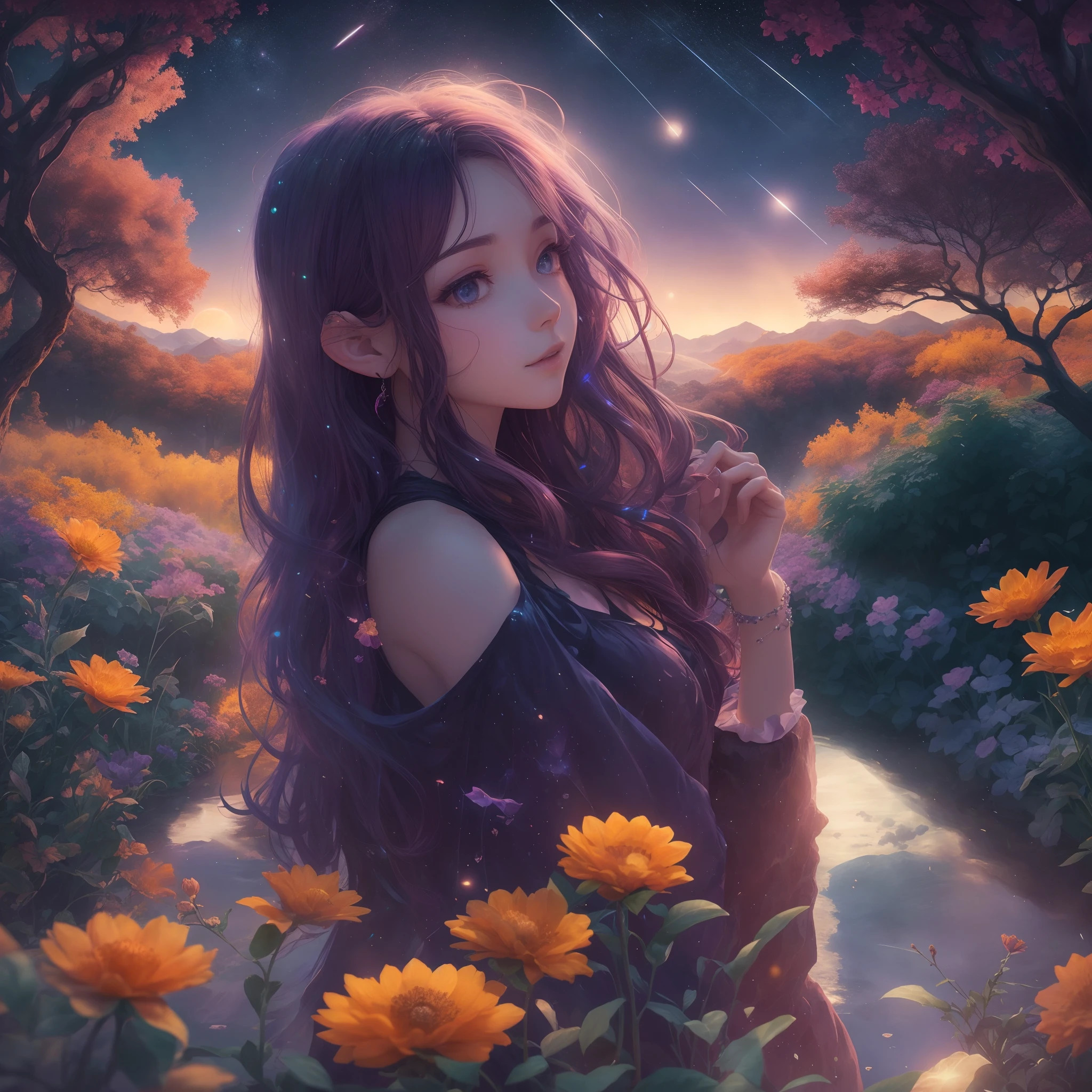 ((write)), Vast landscape photos, (view from below with a view of the sky and wilderness below), Girl standing in a flower garden and looking up, (fullmoon: 1.2), (shooting stars: 0.9), (nebulas: 1.3), distant mountain, Tree Break Production Art, (Warm light source: 1.2), (firefly: 1.2), apples, Purple and orange, intricate detailes, Volume Lighting, Realism Break (masutepiece: 1.2) (Best Quality), 4K, Ultra-detailed, (Dynamic configuration: 1.4), Highly detailed and colorful details, (Iridescent colors: 1.2), (Glowing lighting, Atmospheric lighting), Dreamy, Magical, (Solo: 1.2)