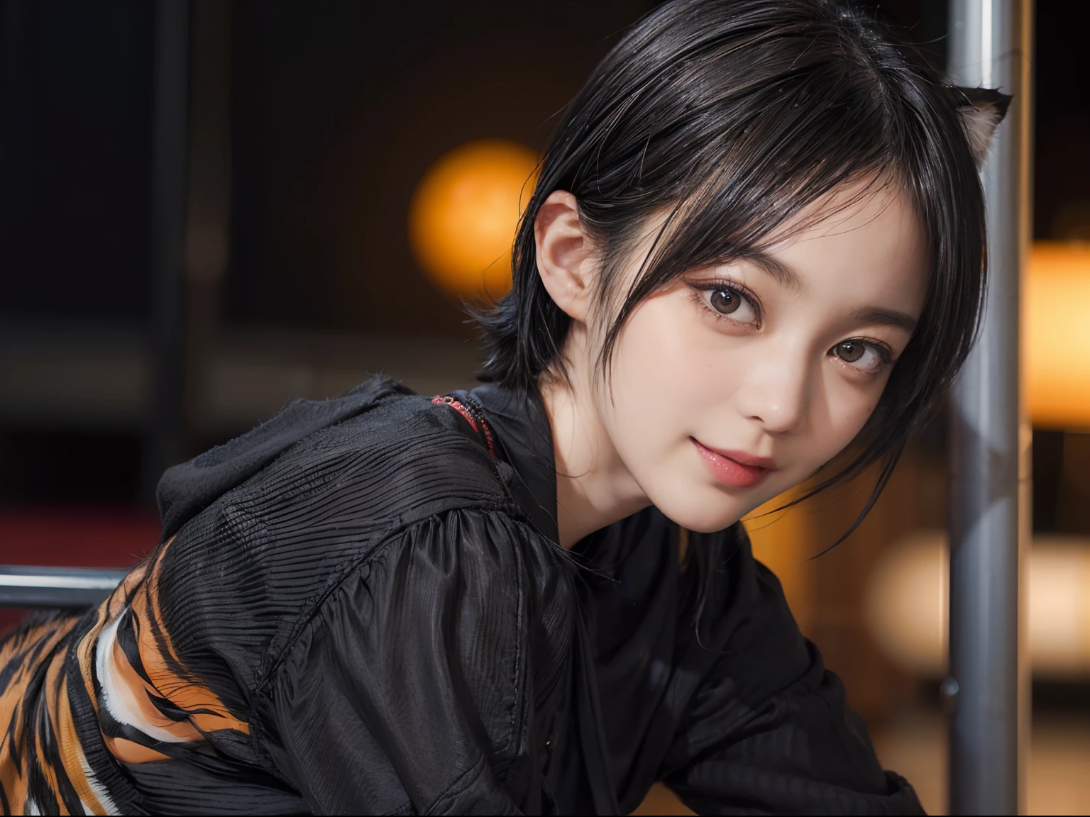 03
(Black Shorthair:1.3), (a 20 yo woman), (A hyper-realistic), (masutepiece), (8KUHD), Looking at the camera, Beautiful woman, A smile, (Tiger Design Clothing)