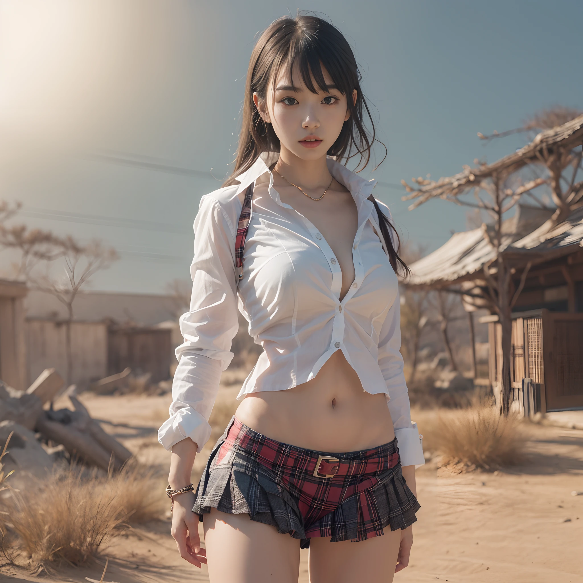 (((nffsw))), (((masutepiece))), (((8K))), (((hight resolution))), (((surrealism))), (((Cinematic lighting))), god rays, Zoom Layer, (((FULL BODYSHOT))), F/4.0, canon, Shiny skin,Detailed skin,Detailed face, Detailed eyes, nsfw, nudity, Bare chest, No top, Serious schoolgirl in Japan, in the desert, poneyTail, Torn white shirt, White bra visible, Gingham check miniskirt is torn, White panties are visible