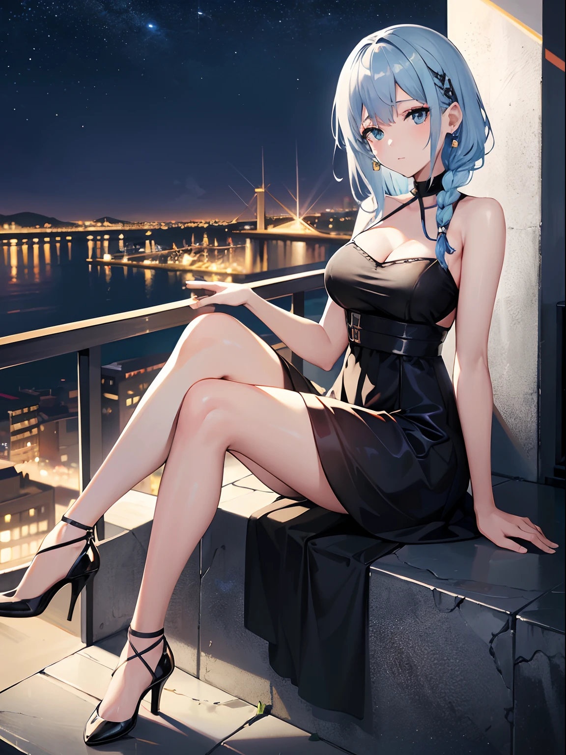 highres,best quality, official art, masterpiece, textile shading,8K,absurdres
a cute girl,medium hair,light blue hair, asymmetrical hair , single braid ,side braid,medium breasts,makeup,black dress ,high heels,shiny skin,sitting,scenery,hair ornament,night view, city lights,earrings