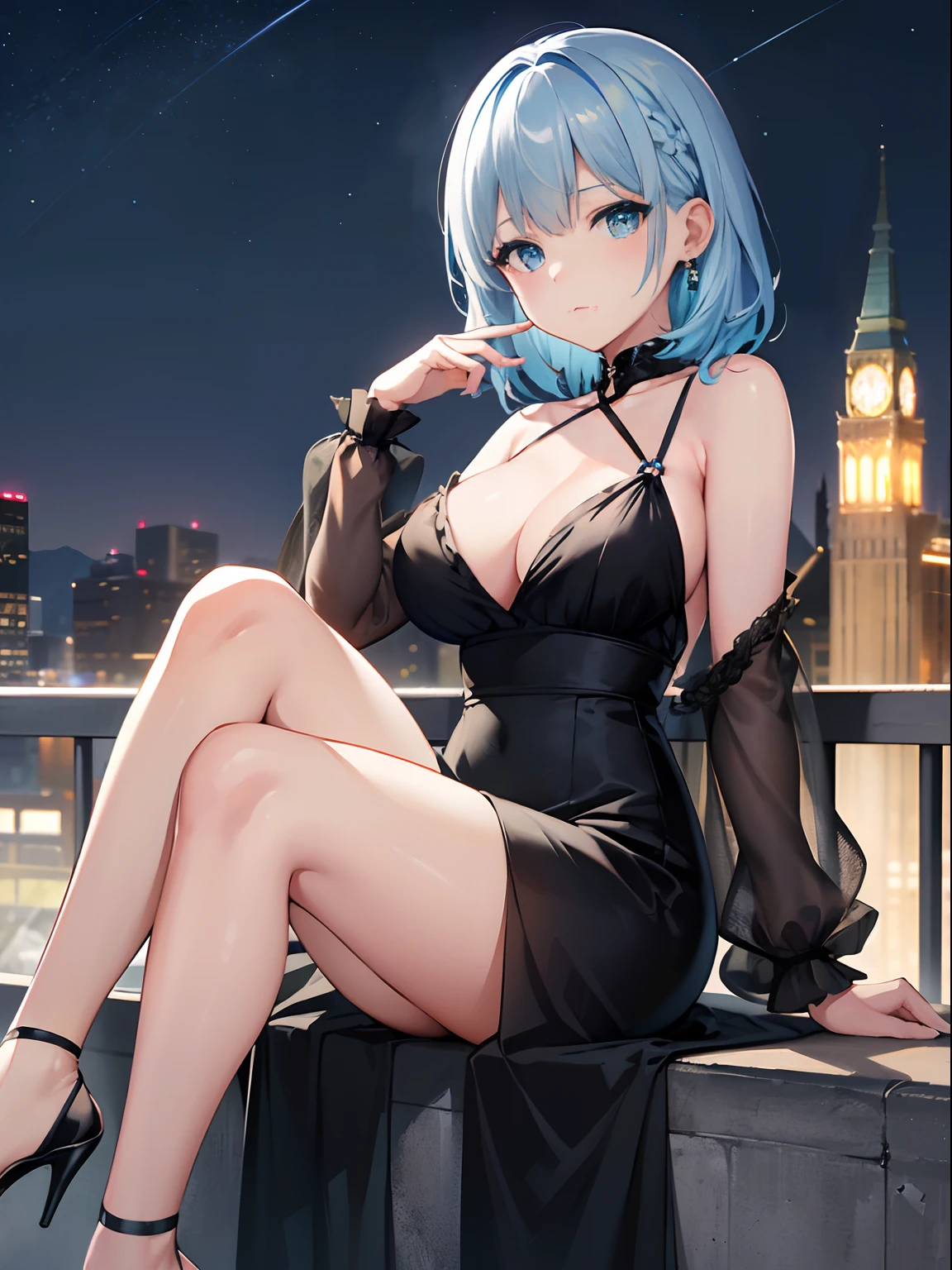 highres,best quality, official art, masterpiece, textile shading,8K,absurdres
a cute girl,medium hair,light blue hair, asymmetrical hair , single braid ,side braid,medium breasts,makeup,black dress ,high heels,shiny skin,sitting,scenery,hair ornament,night view, city lights,earrings