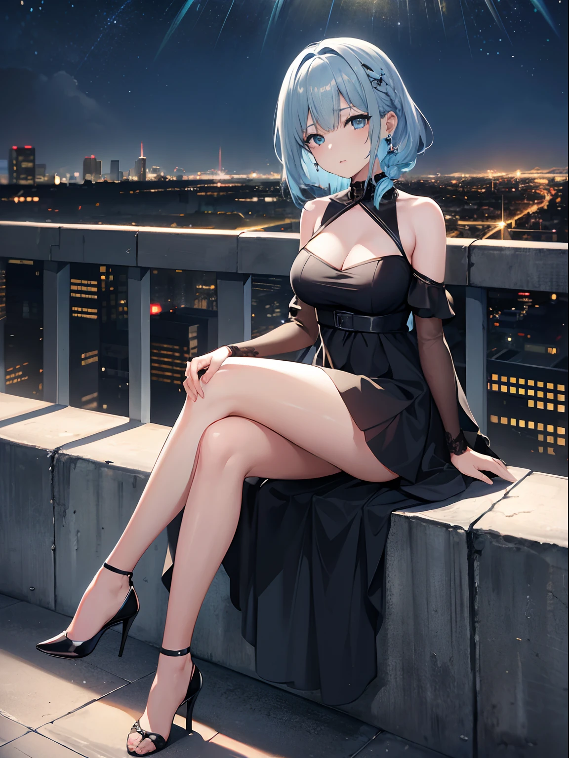 highres,best quality, official art, masterpiece, textile shading,8K,absurdres
a cute girl,medium hair,light blue hair, asymmetrical hair , single braid ,side braid,medium breasts,makeup,black dress ,high heels,shiny skin,sitting,scenery,hair ornament,night view, city lights,earrings