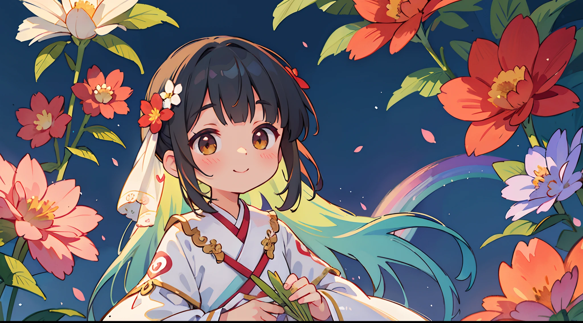 photoRealstic、Nedloyd in a wedding dress stands in front of the painting、A smile、Watercolor Nidoro likes、(HD graphics)、Flowing rainbow silk、Upper face、head looking up、Colorcon with heart motif、Floral dress、Viburnum also has flowers in front、Flower petals、season!!: 夏天☀ 🍂