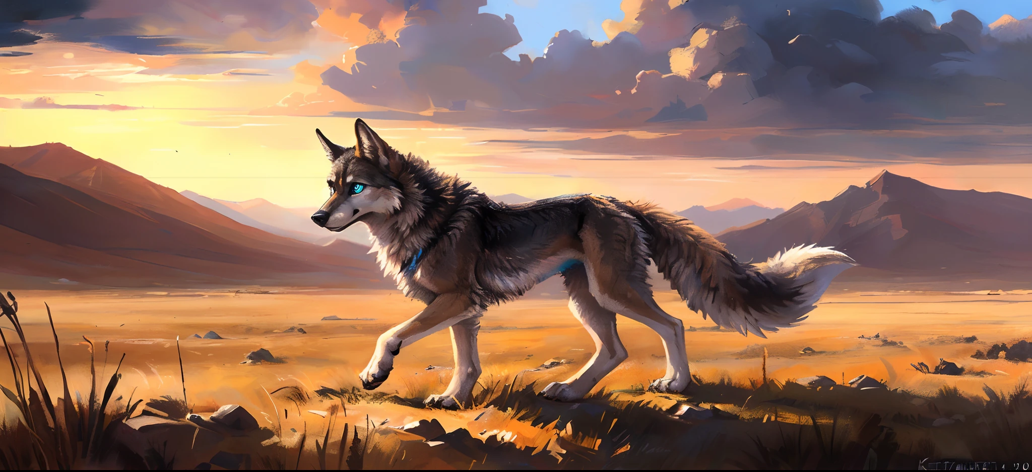 ((Solo)), Male, coyote, (Multi-colored fur, White-brown:1.3,White tail pointed), ((Wolf face, White hair, Big eyes, White eyelids, Blue pupil, Slim:1.2) (Tough, Calm expression:1.2)), Robust,Slim, pinging)), (Correct body anatomy), A big tail,Feet,Longer torso,Well-proportioned limbs,(Realistic fur, Detailed fur texture, labeled:1.3)), (Natural lighting), Photorealistic, Hyperrealistic, ultradetailed, by Kenket,Naked all over the body,Endless grasslands,Walking