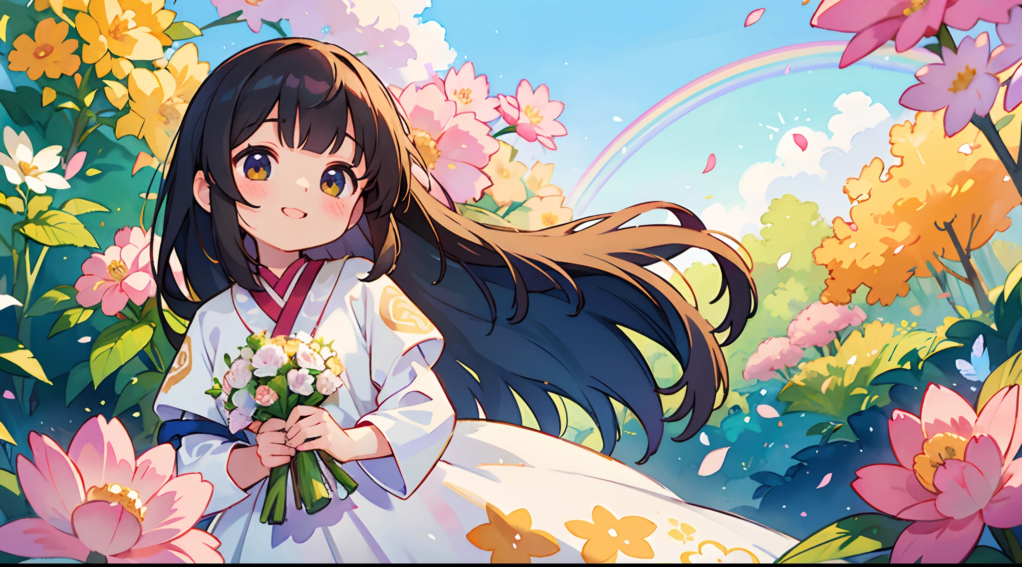 photoRealstic、Nedloyd in a wedding dress stands in front of the painting、A smile、Watercolor Nidoro likes、(HD graphics)、Flowing rainbow silk、Upper face、head looking up、Colorcon with heart motif、Floral dress、Viburnum also has flowers in front、Flower petals、season!!: 夏天☀ 🍂