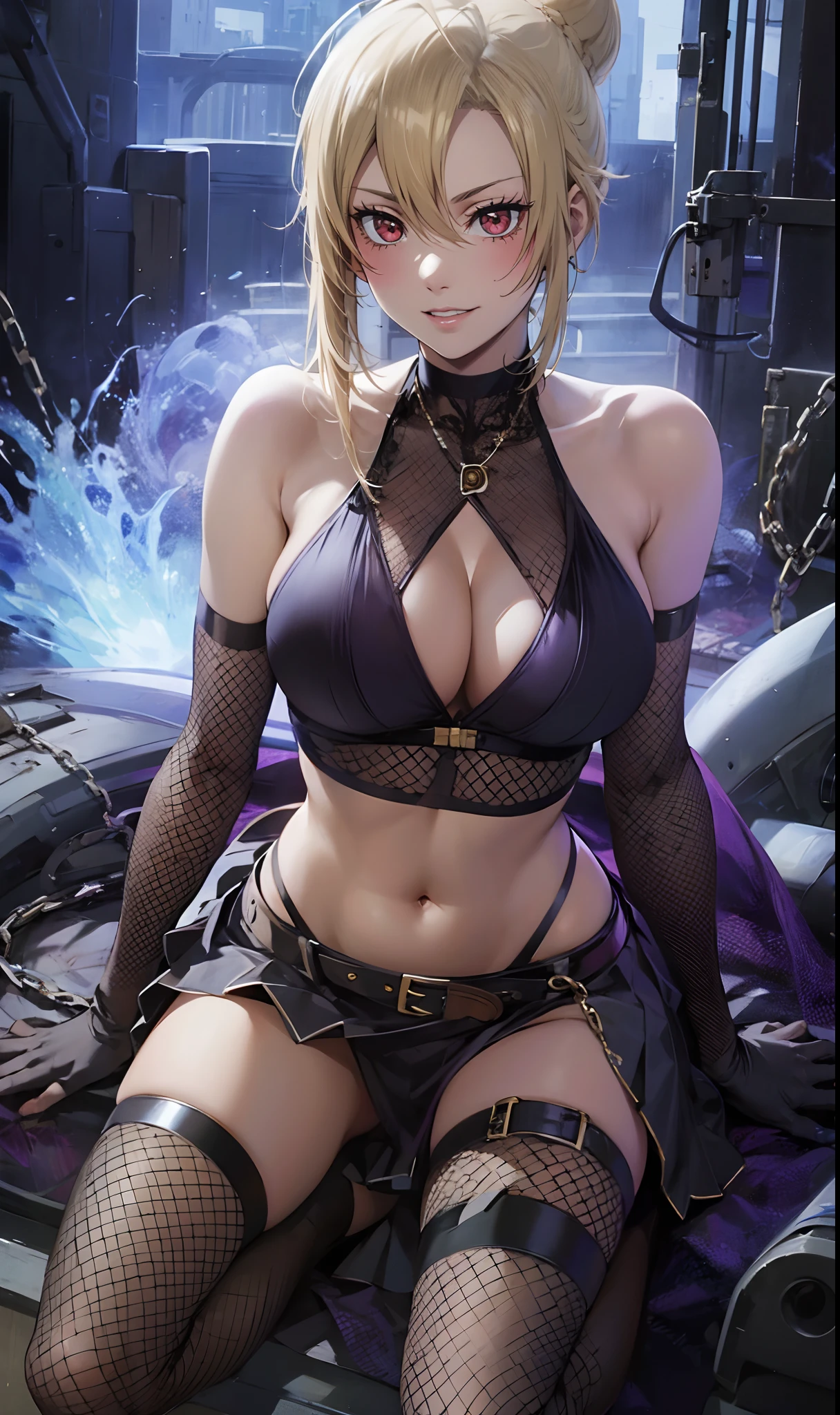 AngelicaV4, fishnets, fishnet_legwear, weapon, 1girl, blonde_hair, breasts, earrings, skirt, jewelry, thighhighs, bare_shoulders, looking_at_viewer, large_breasts, miniskirt, gloves, navel, solo, holding, artist_name, high_heels, midriff, thigh_strap, belt, chain-link_fence, cleavage, halterneck, lips, sleeveless, ninja, black_skirt, zipper
