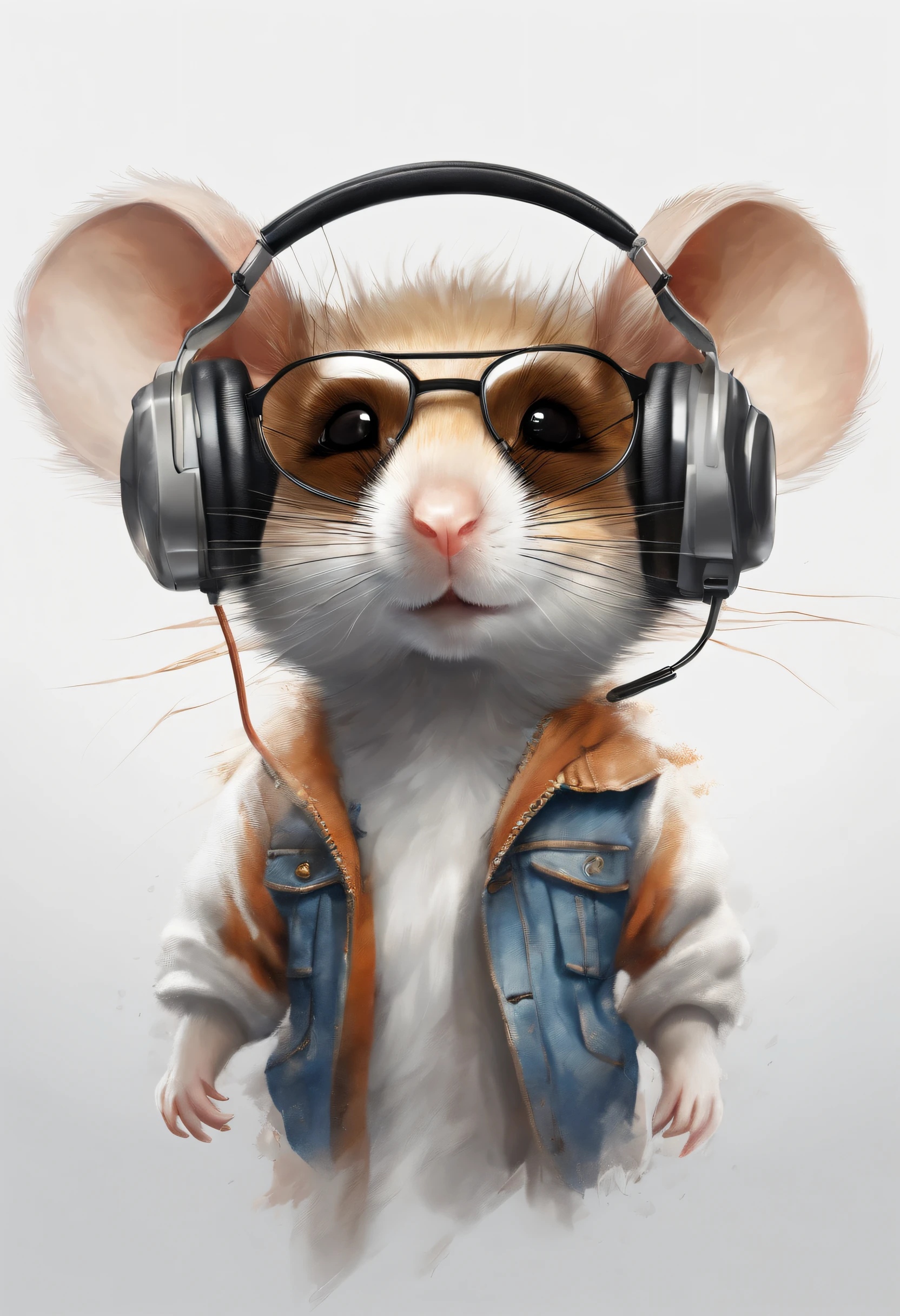 Perfect centering, Cute mouse, Wear a student team jacket, Wearing sunglasses, Wearing headphones, cheerfulness, Standing position, Abstract beauty, Centered, Looking at the camera, Facing the camera, nearing perfection, Dynamic, Highly detailed, smooth, Sharp focus, 8K, high definition resolution, illustration, Art by Carne Griffiths and Wadim Kashin, White background
