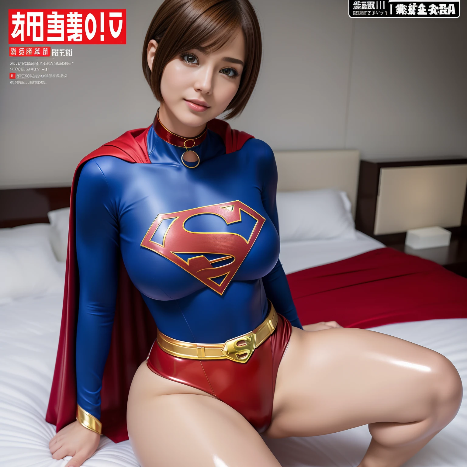 (Best Quality,4K,8K,hight resolution,masutepiece:1.2),Ultra-detailed,Realistic:1.37,Super masterpiece,Short-haired Supergirl squatting on bed、large full breasts、Looking at the camera、Glossy costume、a choker、bare-legged、s ass、Weekly magazine cover、Cheerful pose