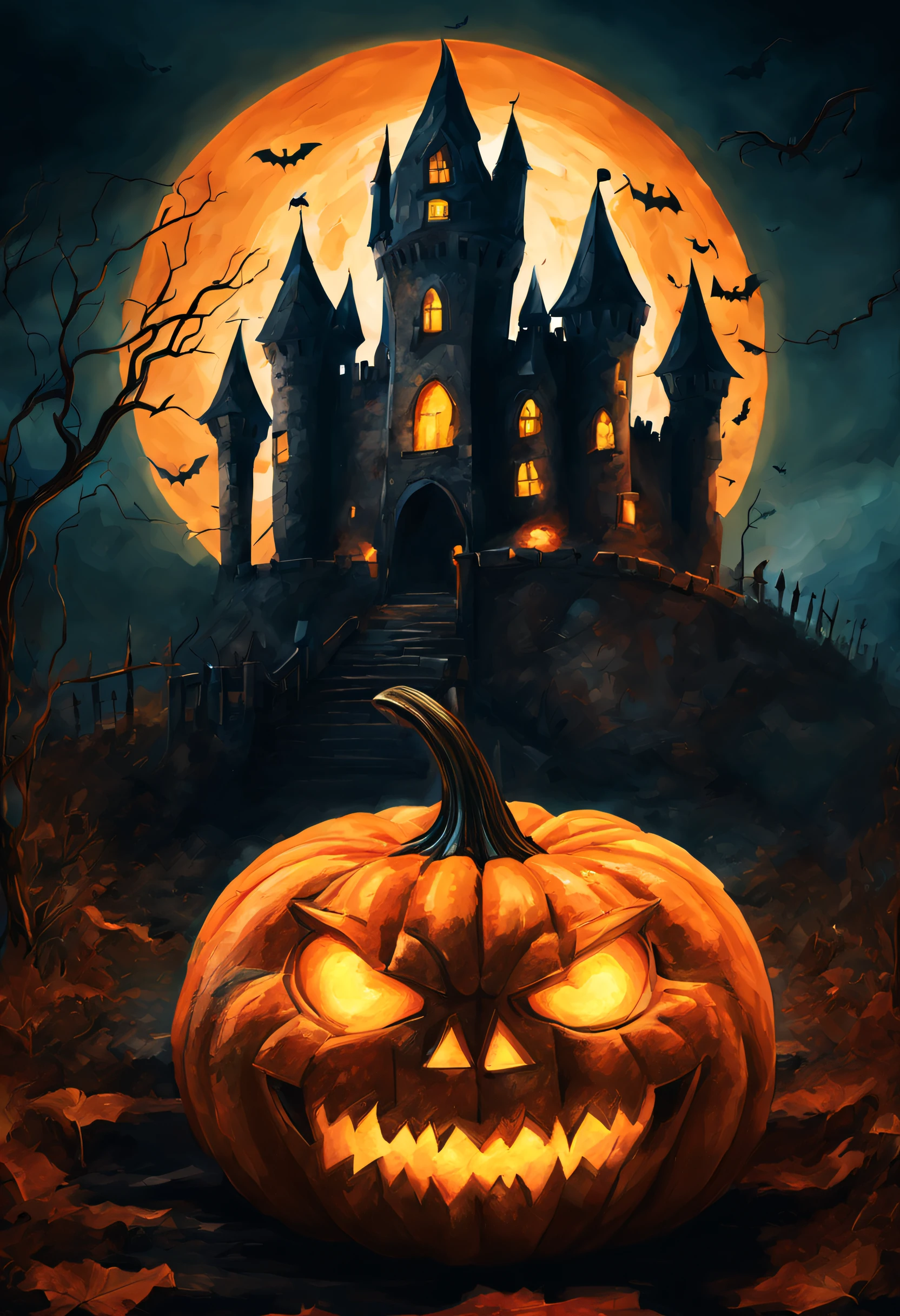 a pumkin which have eyes and mouth, halloween theme, dynamic atmosphere , dramatic scene, halloween photo, illustration style, oil paint style, daviant art, bigh glowing old castle in far background,