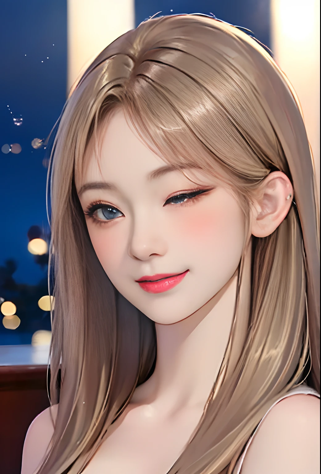 (8k, top quality, masterpiece: 1.2), (realistic, photorealistic: 1.37), super detailed, girl single, cute, solo, midnight, beautiful detailed sky, detailed café, sitting, date, (blush), (smile: 1.15), small breasts (mouth closed), beautiful fine eyes, floating hair NovaFrogStyle, back open dress