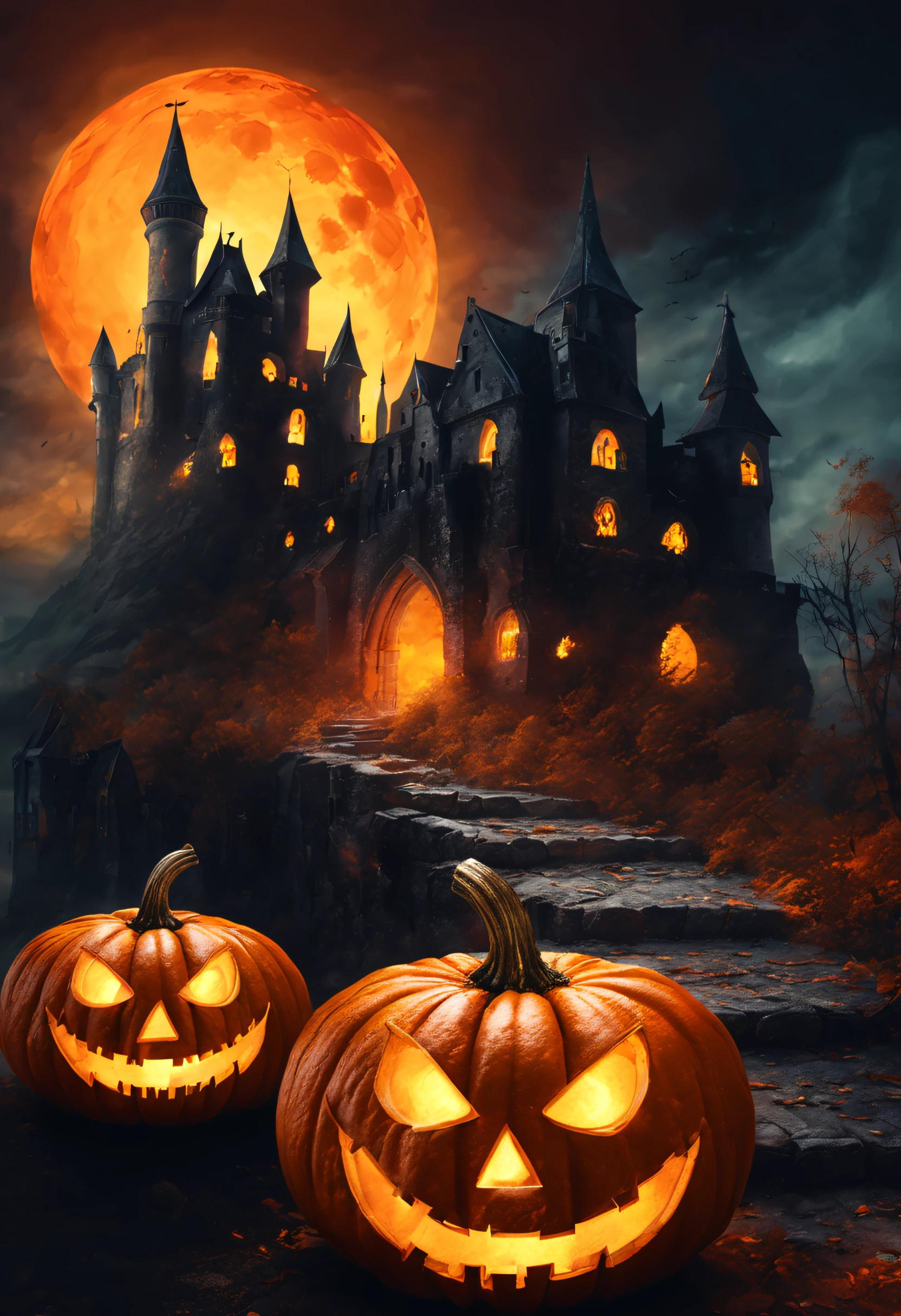 a pumkin which have eyes and mouth, halloween theme, dynamic atmosphere , dramatic scene, halloween photo, illustration style, oil paint style, daviant art, bigh glowing old castle in far background,