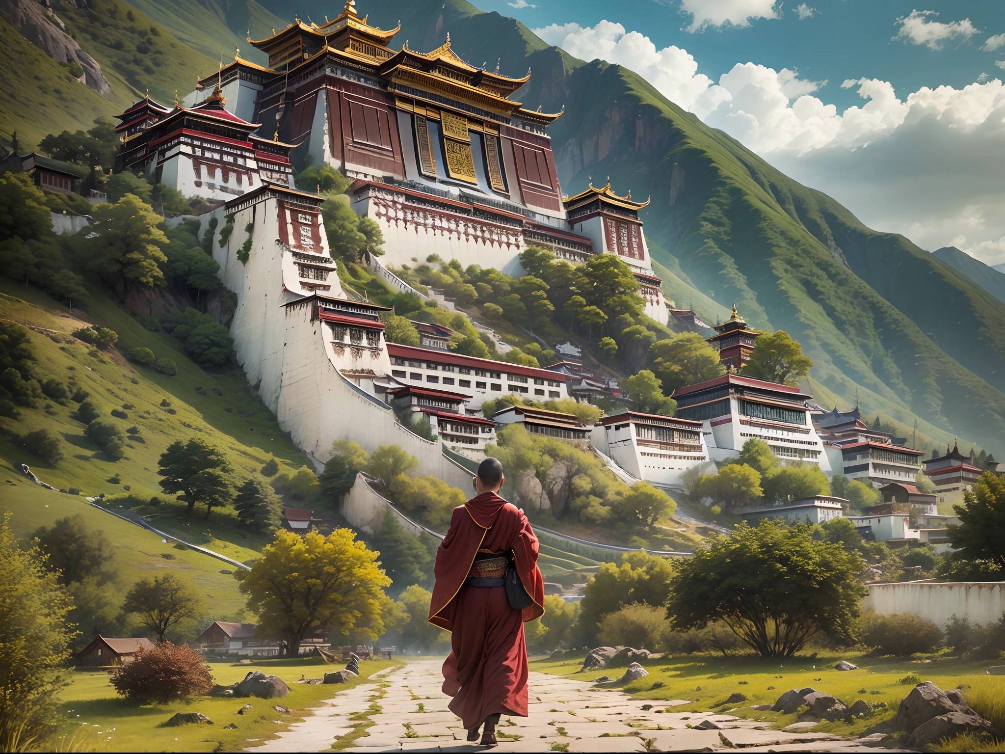 (Best quality,4K,8K,A high resolution,Masterpiece:1.2),Ultra-detailed,Realistic:1.37,Girl in the garden,Beautiful detailed eyes,beautiful detailed lips,Extremely detailed eyes and face,Long eyelashes,mediating:landscape,Photography,Tibet,Tibetan culture,Tibetan landscape,Peaceful mountains,Clear blue sky,Warp flags flutter in the wind,Snow-covered peaks,golden rays of sunlight,Peaceful atmosphere,Traditional Tibetan costumes,Colorful traditional umbrellas,Breathtaking landscapes,Dramatic cliffs,Enchanted Valley,Pristine lake,Reflection of mountains in the water,Vibrant green meadows,Herds of yaks grazing,Spiritual journey,The ancient monastery is decorated with prayer wheels and colorful ornaments,The majestic Potala Palace,Peaceful Buddhist temple,A roof covered with prayer flags,A monk of peace in a maroon robe,Sweet smell,peacful,Harmony with nature,A deep connection to spirituality and culture