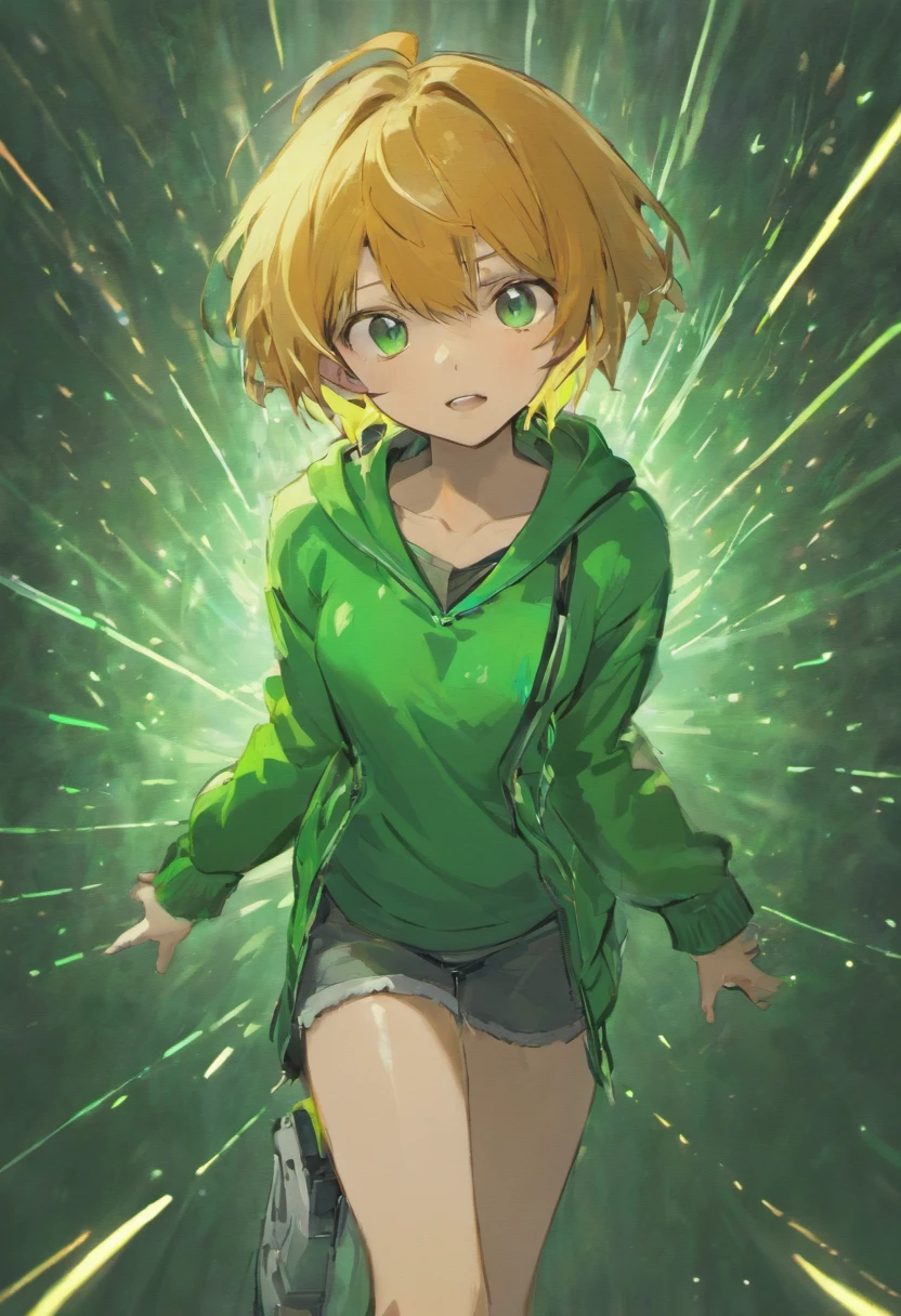 boy, medium hair, longeyelashes, heterochromia , grin, dark_persona, green eyes, blue eyes, ringed eyes, medium breasts, brown cardigan , collared shirt , bandaged leg, boots, brown hair, streaked hair, waving,