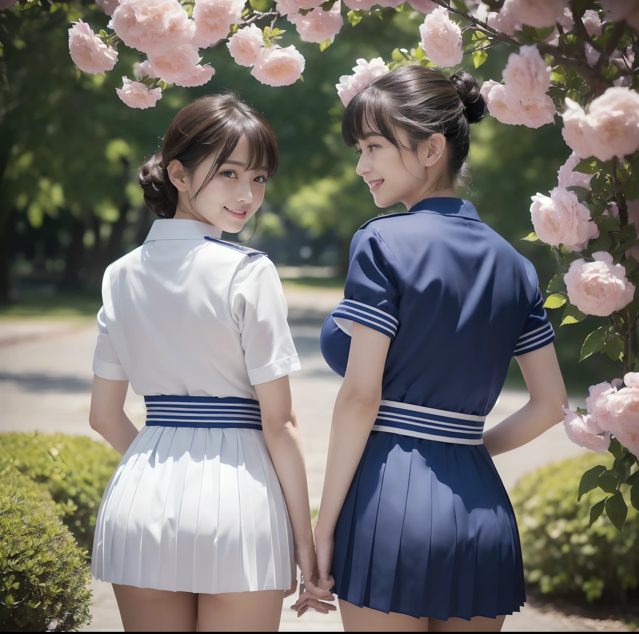 (top-quality)、 (masterpiece)、(Professional lighting with fewer shadows)、 (A hyper-realistic)、 (perfect anatomia)、 (In front of the camera、There are two women、Forward and backward、Crying Kuroko、That and bangs and forehead), ( Huge breasts:1.4), (Bright and even whitening skin without wrinkles and steps), (Beautiful blue eyes with long eyelashes and red tear bags)、 (Her outfit is a cramped sailor suit、Micro mini pleated skirt that is too short and comes out directly from the buttocks of her body:1.5), (Two people are surrounded by flowers, Face the front in front of the camera、Proudly stick out your chest:1.5), (Another person on the other side、with arcuate waist, Turn your back and expose your proud big ass:1.4), (One hand behind the head, A beautiful face is a beautiful smile with lowered eyebrows:1.3),