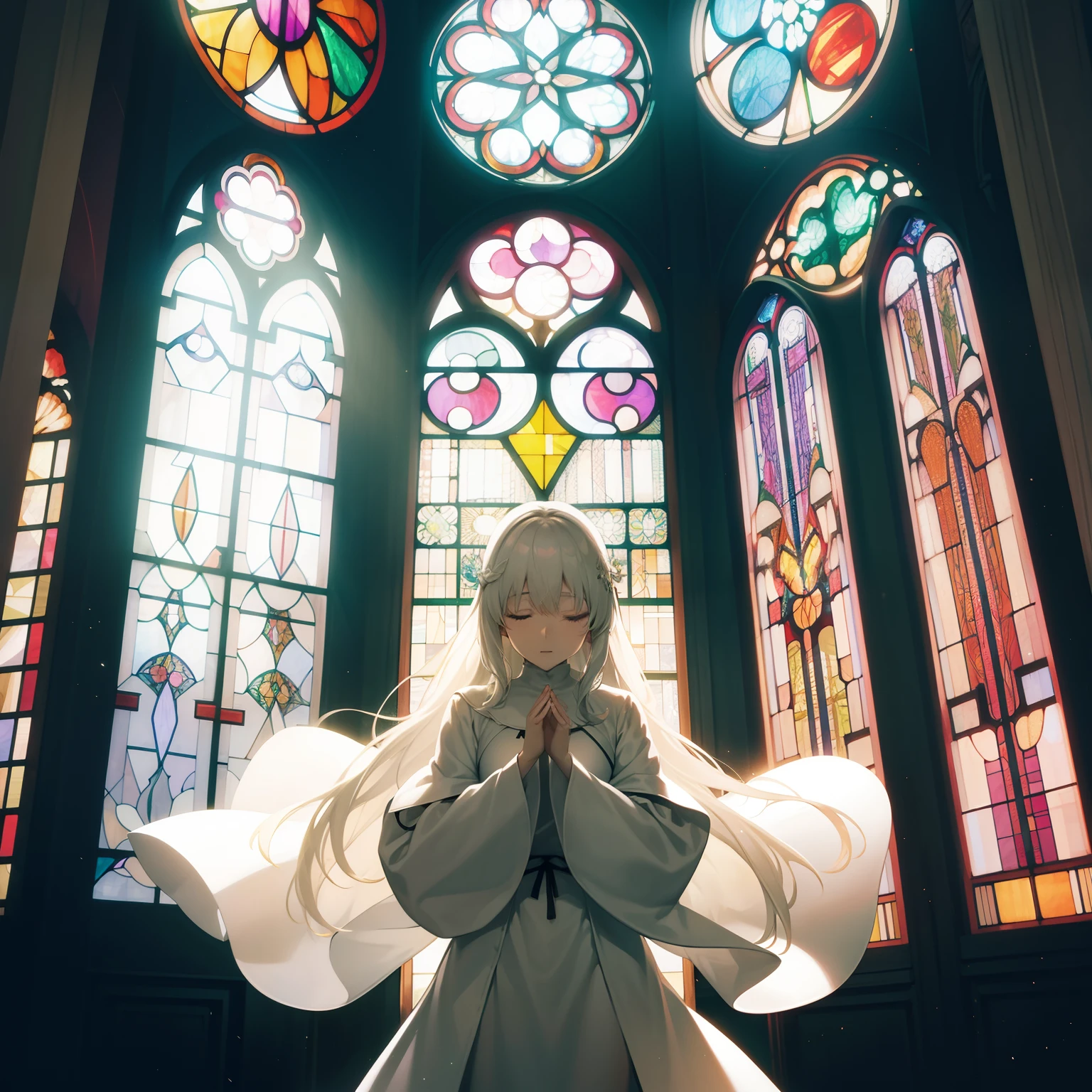 Put your hands together in front of the stained glass、A Girl Praying、white longhair、Dull hair、Lower your eyes、White saint clothes、Light is shining through stained glass.