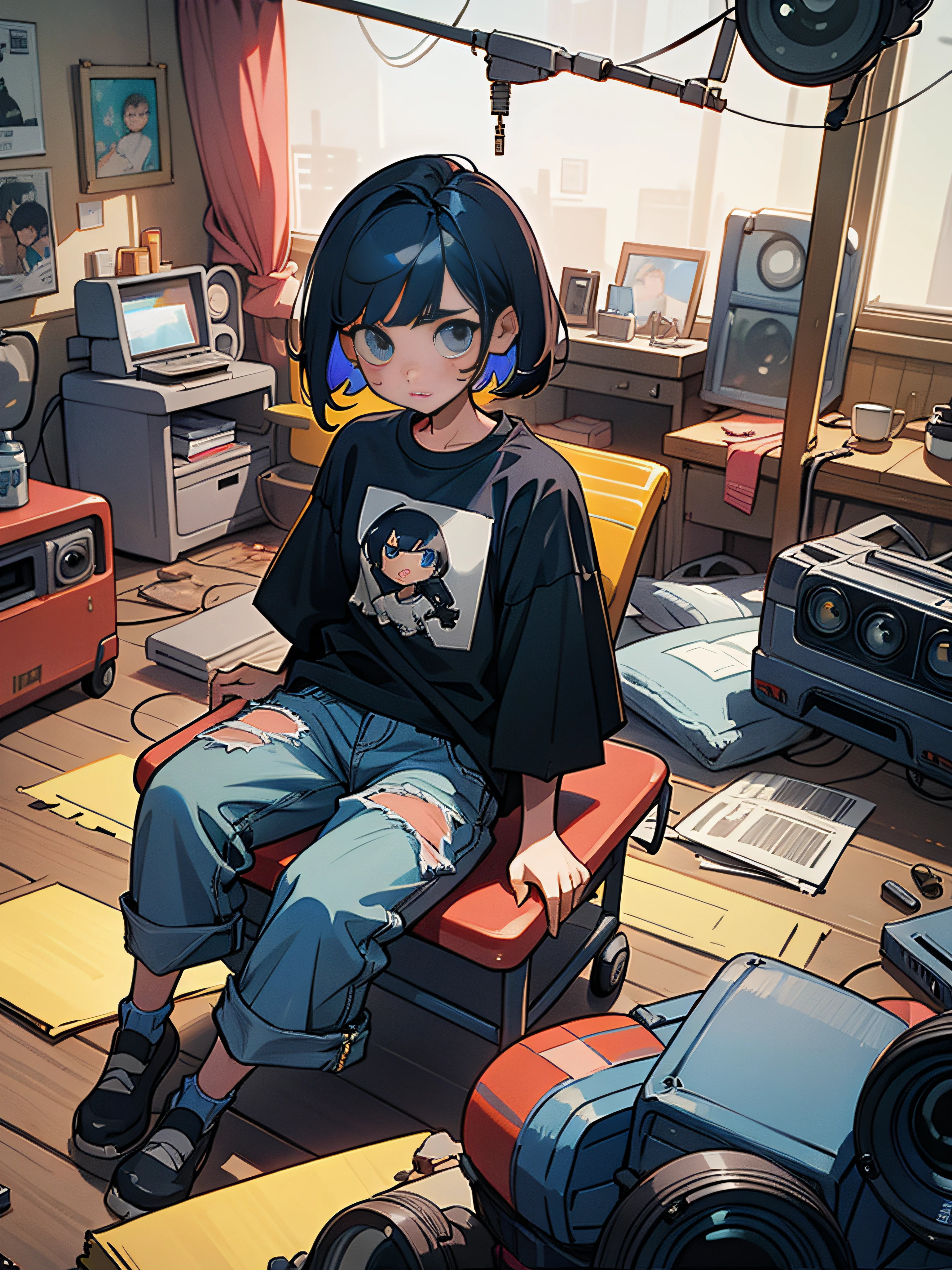 Short Bob's２０Teenage woman sitting in old messy room、Hair color is black、Buggy denim on a baggy T-shirt、A lot of cameras are falling to the floor