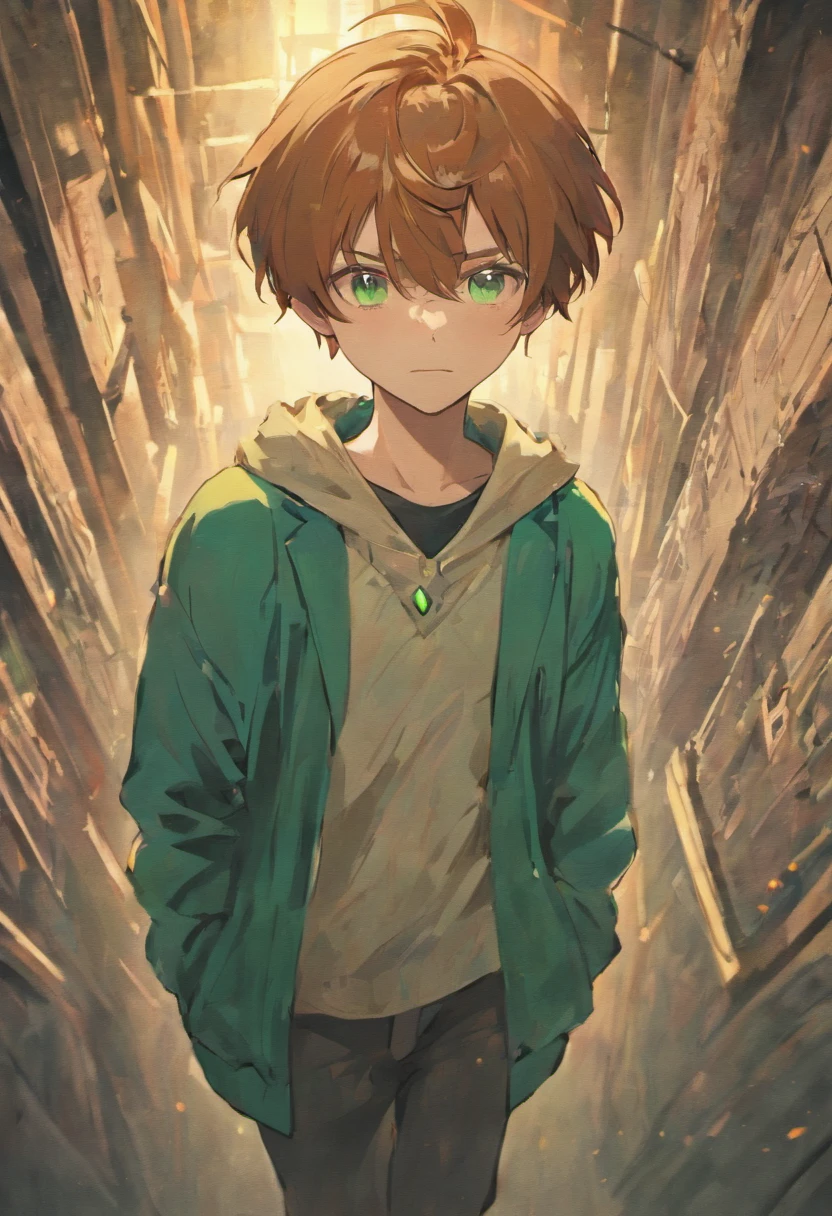 boy, medium hair, longeyelashes, heterochromia , grin, dark_persona, green eyes, blue eyes, ringed eyes, brown cardigan , collared shirt , bandaged leg, boots, brown hair, streaked hair, waving,