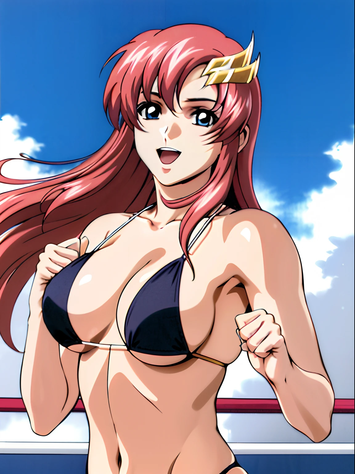 (masterpiece, upper body view, 4K, Best Quality, Anime style: 1.9,, Adult Woman, ultra detailed face, (cloud background, wrestling), Drawing lines, high resolution, Anime, lacus4), 1girl, Solo, curvy figure, Long hair, 鎖骨, scapular, (Detailed wide hair bangs, Hair Ornament, Detailed reddish-pink hair, golden crest), cleavage, large hands, (female wrestler). (Big blue eyes, shiny eyes), ((female wrestler, little biceps, slender body, broad shoulders, closed fists)), ((perfect proportions, medium breasts, long belly)), (((micro bikini, pink wrestling gear, champion))), happy, smile, open mouth, (belly dancing, looking at the viewer), , showing off underarm, (elegant lady), random pose, leaning backward