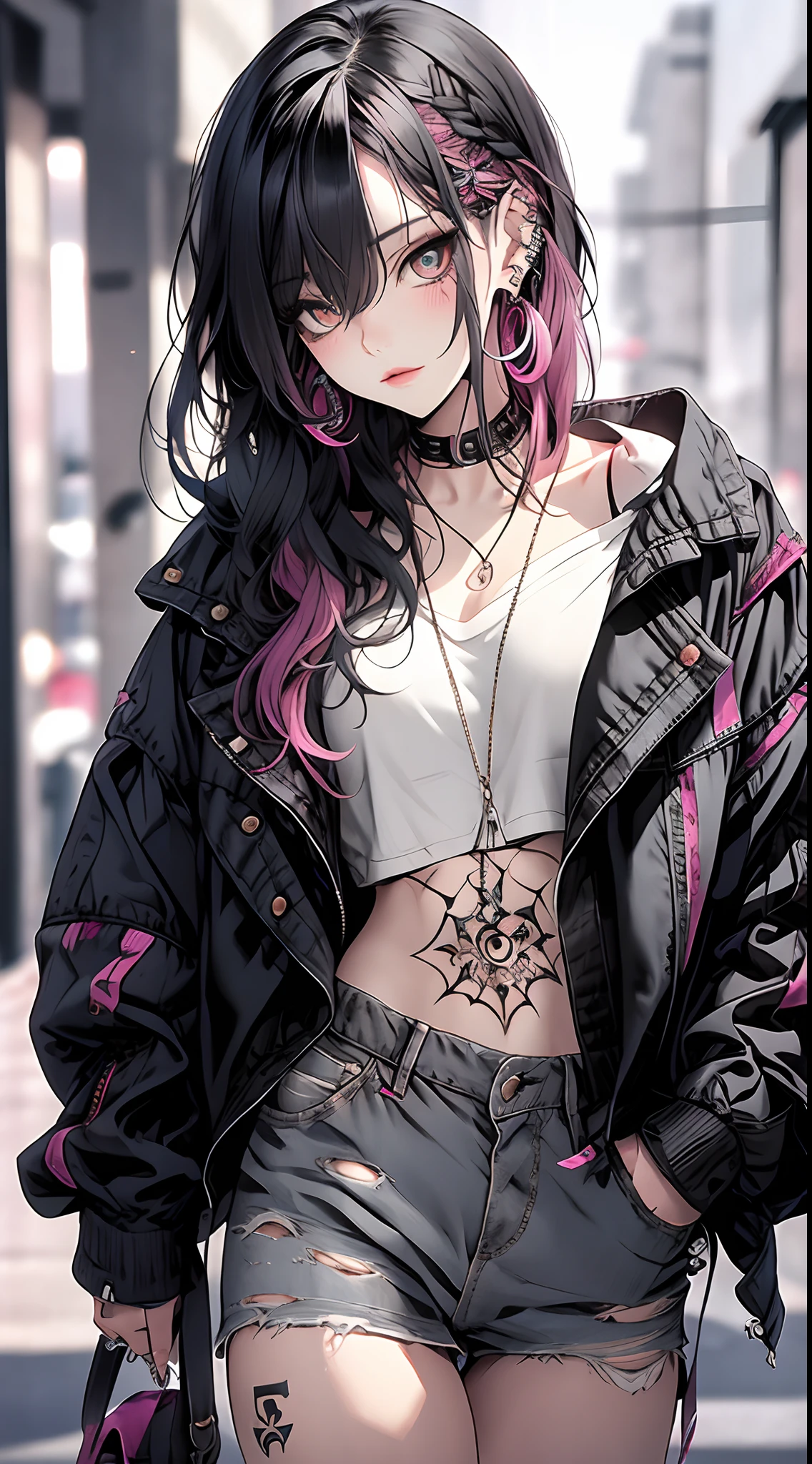 masterpiece, best quality, PIXIV, cool girl, lots of piercings, earrings, tattoos, black hair, pink dip-dye hair, gray eyes