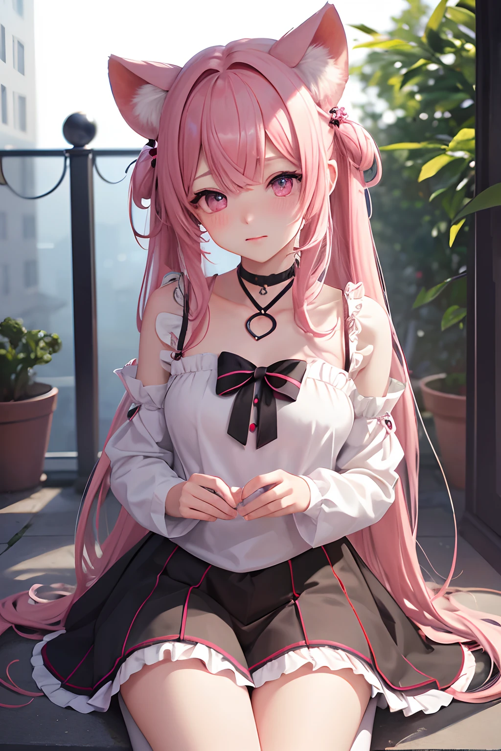 striated hair,Pink twin-tailed hair, Mole under the eyes, mole under mouth, Heart-shaped pupil, longeyelashes, Pink eyes, Heart-shaped choker、full body Esbian、gazing at viewer、Shy, blush, nose blush,Anime style, Color Field Painting, Ray tracing, bloom, One-person viewpoint, nffsw, awardwinning, 16 K, Best Quality, high details, High quality, masutepiece, hight resolution, ccurate, Super Detail、chee