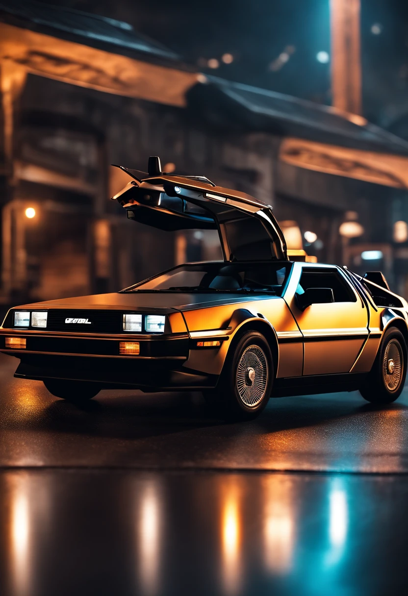 Carro DeLorean do de volta para o futuro totalmente customizado com para-choques e spoilers, pintura esportiva de fogo, background neutro