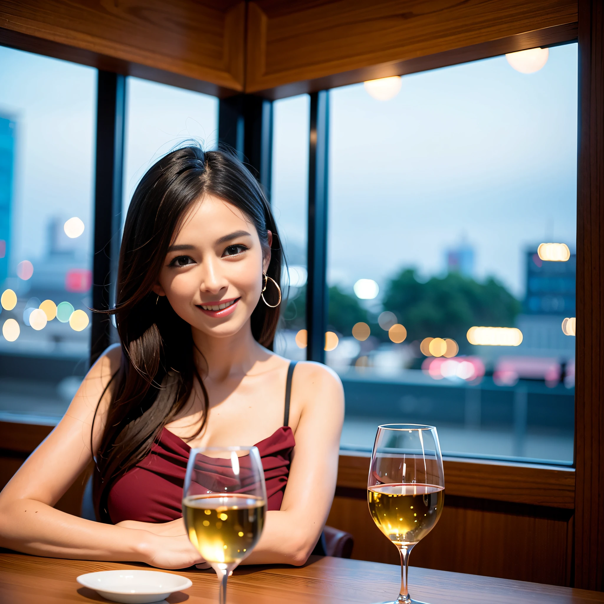 (64K, UHD, top quality, masterpiece: 1.2), (realistic, photorealistic: 1.37), super detailed, pretty woman 1 person, (slim face), (slim body), (brown hair), (short cut), cheeks slightly blushing, (44 years old), 38 years old, solo, beautiful detailed urban night view outside the window, restaurant, wine glasses sit, at night, in a prominent placeNovaFrogStyle, Actress, Model, Waist Up, White Wine, Slim, Wine Glass, Super Clean Night View, Wine Glass Put in the Middle, Happy Smile, (Smile: 1.15), Beautiful Fine Eyes, Upper Body, Bust Japan Up, Night, Short, Short, Actress, Model, Waist Up, White Wine, Slim, Wine Glass, Super Clean Night View, Wine Glass Put in the Middle, Happy Smile,