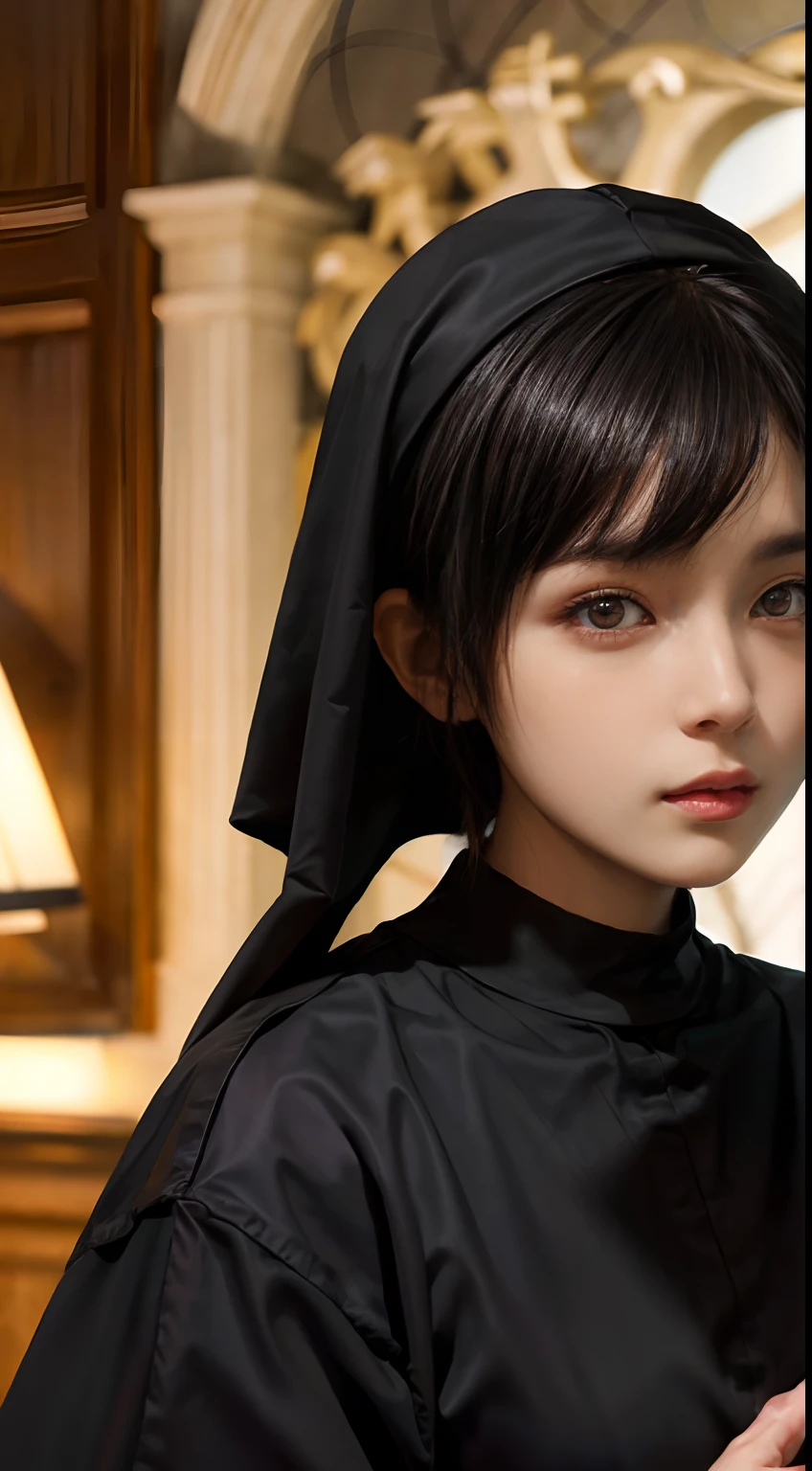 nun, Cross, Bible,  chies, Realistic and detailed eyes, (Black Shorthair:1.3),  (a 20 yo woman), (A hyper-realistic), (masutepiece), (8KUHD), Looking at the camera, Beautiful woman