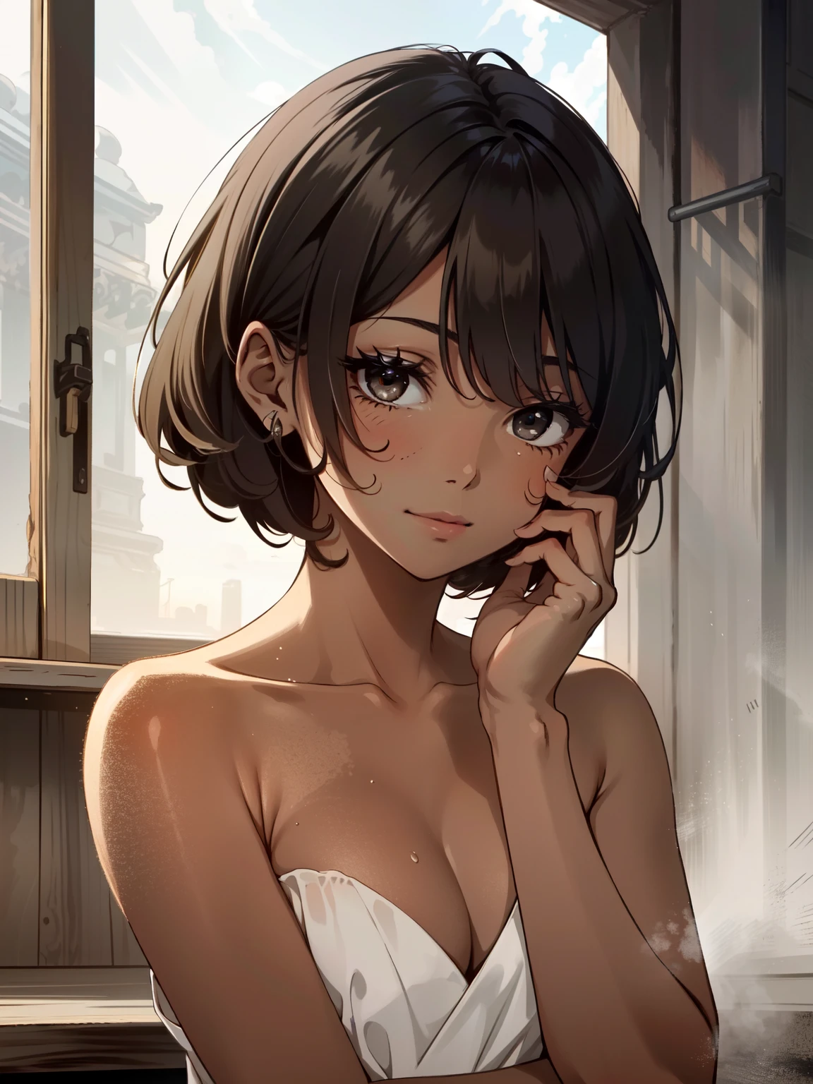 Masterpiece, best quality, high-res, extremely detailed, 1 girl, (deep brown skin tone:1.2), black eyes, poor girl, dirty, short bob, (claw scar on eye), pain behind smile, sleepy eyes, naked, shameless