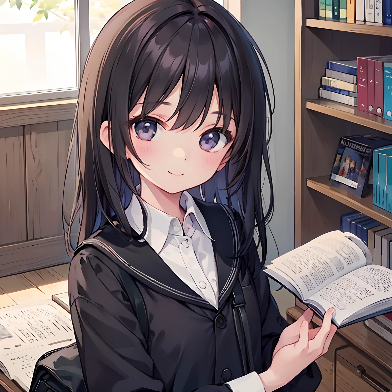 girl with、1 persons、Dark hair、Black eyes、length hair、a smile、校服、schools、book library、Boken、study